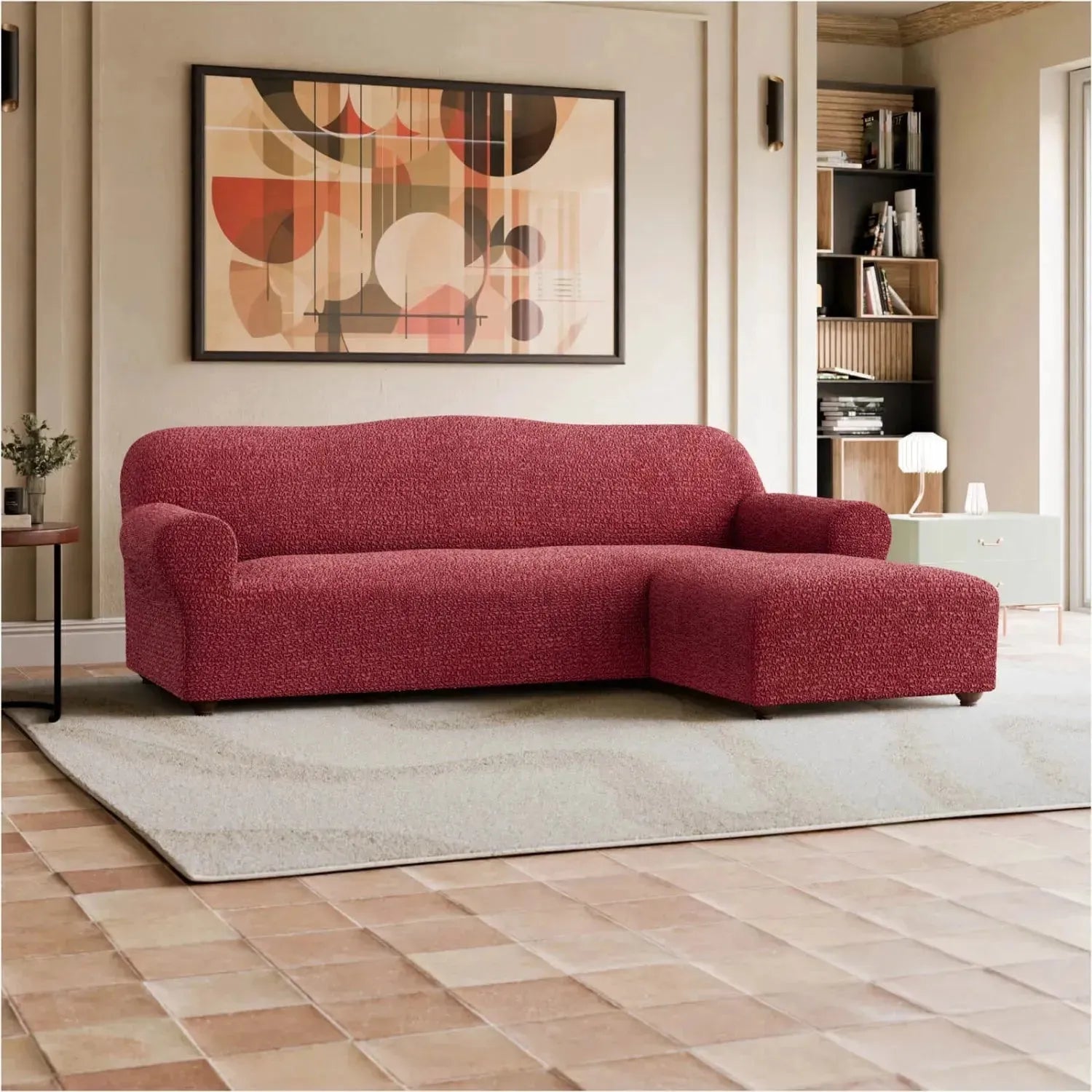 L Shaped Sofa Slipcover with Right Chaise - Mille Righe Collection Stretchable Furniture Protector for Living Room, Family Room & Home Theater