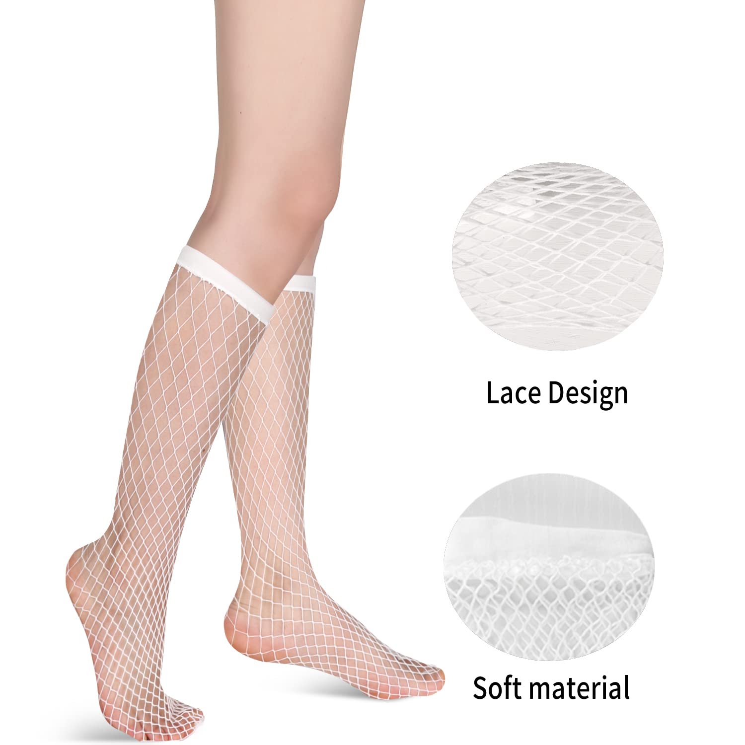 Benefeet Women's & Girls' Sheer Knee High Socks - Black & White Mesh Fishnet Lace Stockings | Nylon Kawaii Lolita Fashion Socks for Cosplay, School Uniform & Cute Outfits