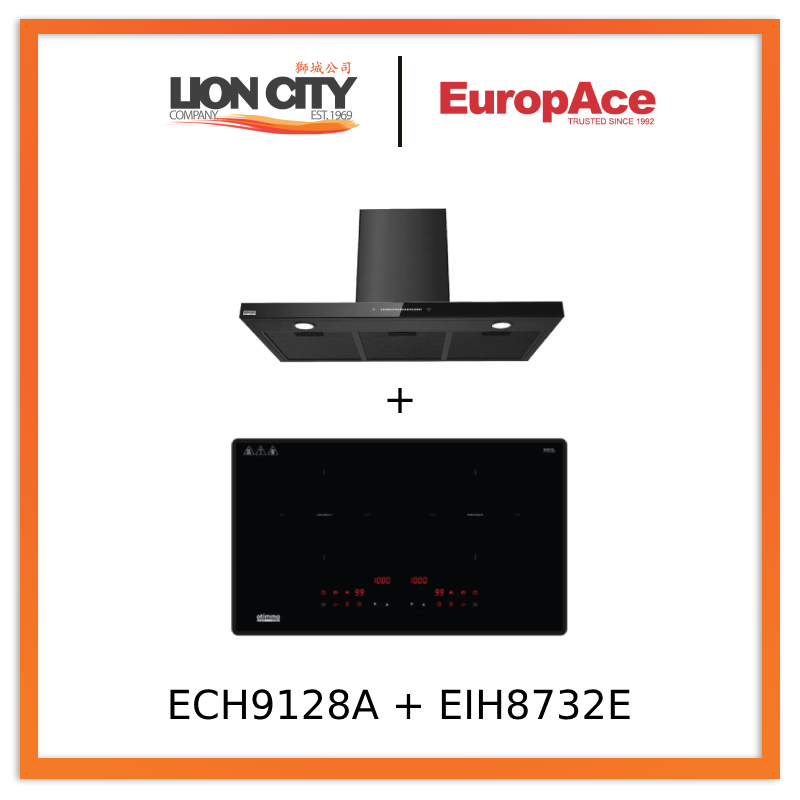 Europace ECH9128A 90cm Premium T Chimney Hood & EIH8732E 73cm Induction Hob with Magnetic Knob - Stainless Steel Kitchen Appliances for Modern Home Cooking