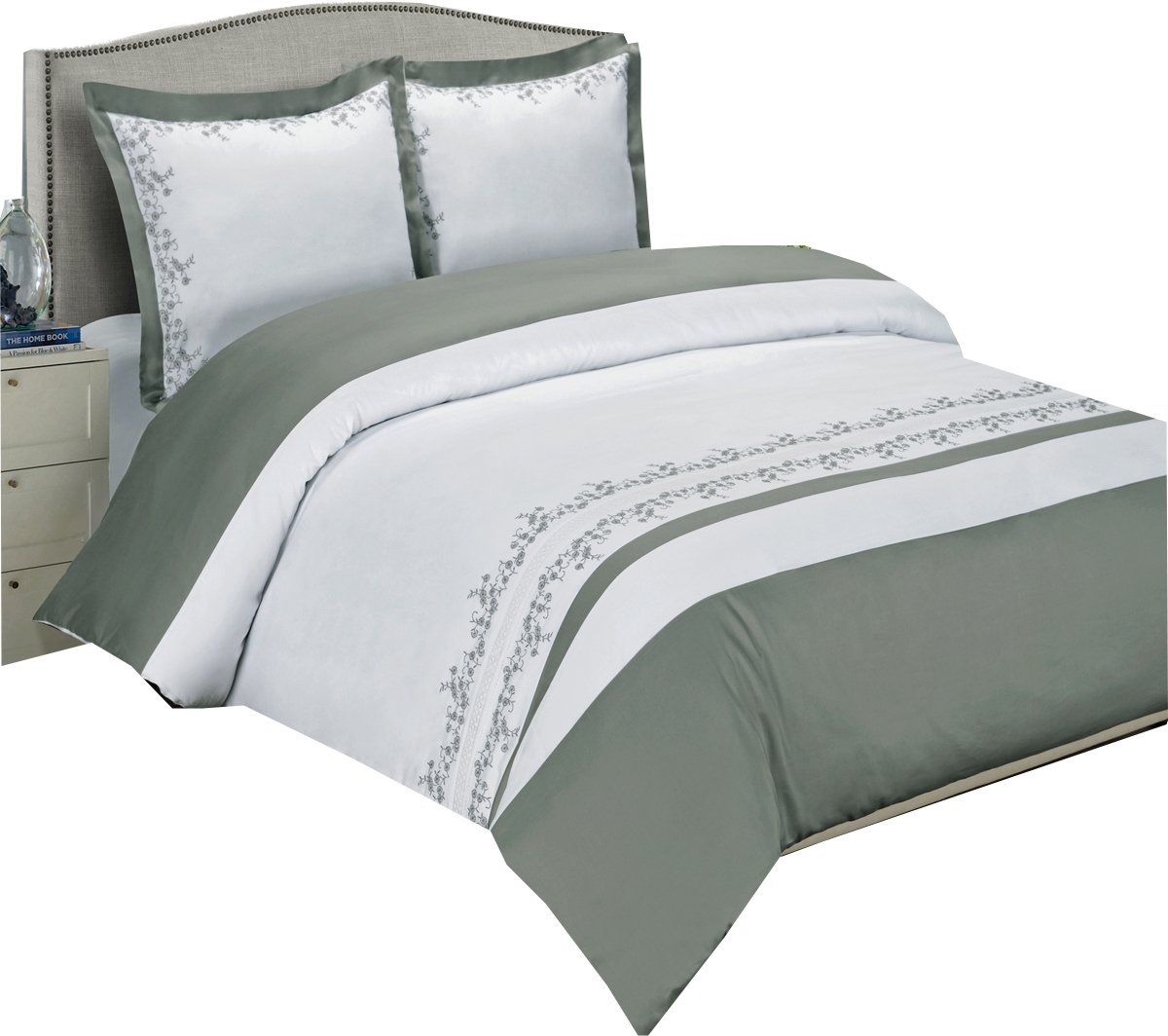 Luxury Grey and White Embroidered Amalia 3-Piece King/Cal King Duvet Cover Set - 100% Cotton with Hidden Button Closure - Elegant Bedroom Decor for Master Suite or Guest Room