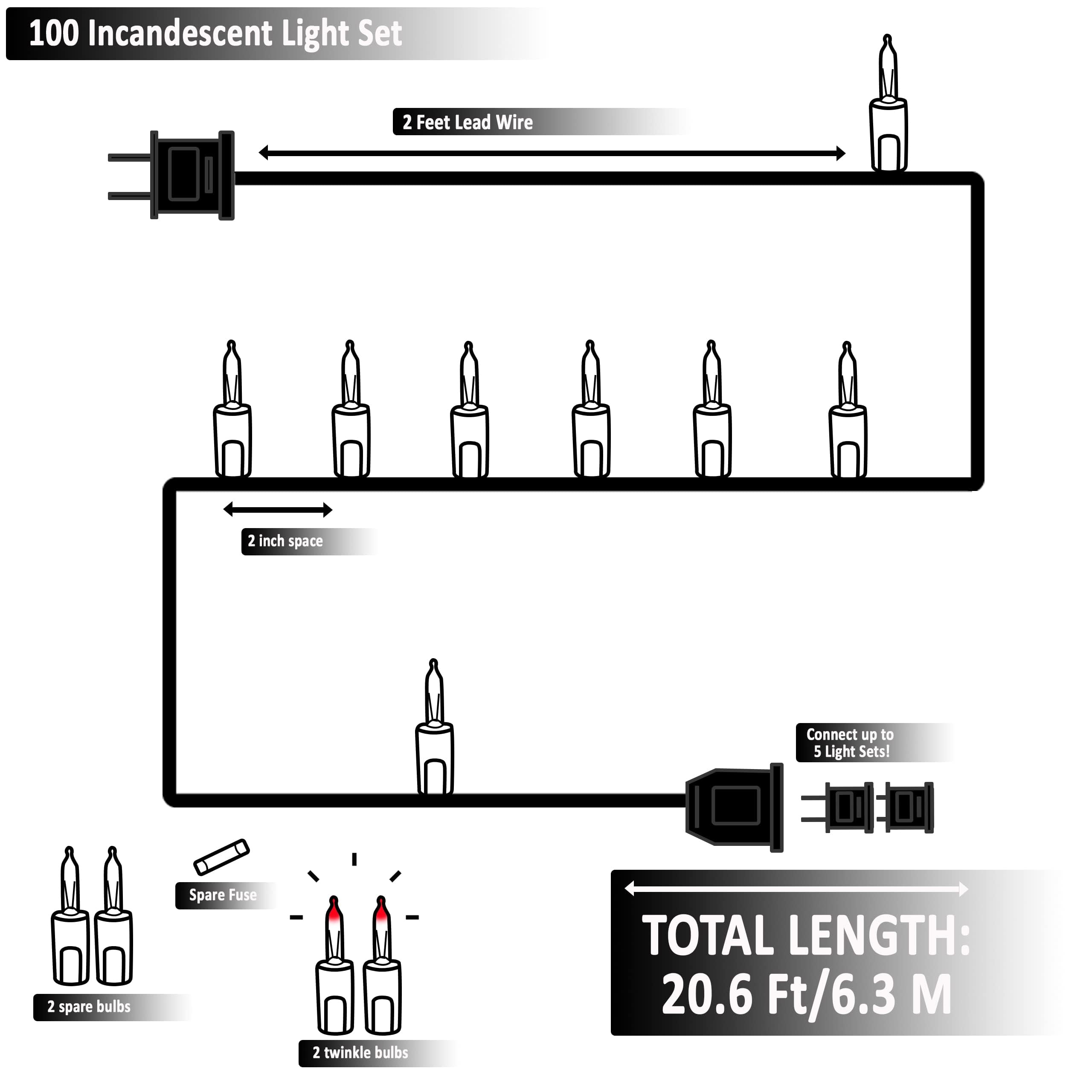 Holiday Frosted White Christmas String Lights - 100 Warm White Incandescent Bulbs, 20.6ft Black Wire for Indoor & Outdoor Decor - Perfect for Christmas Tree, Patio, Garden, and Holiday Party Decorations