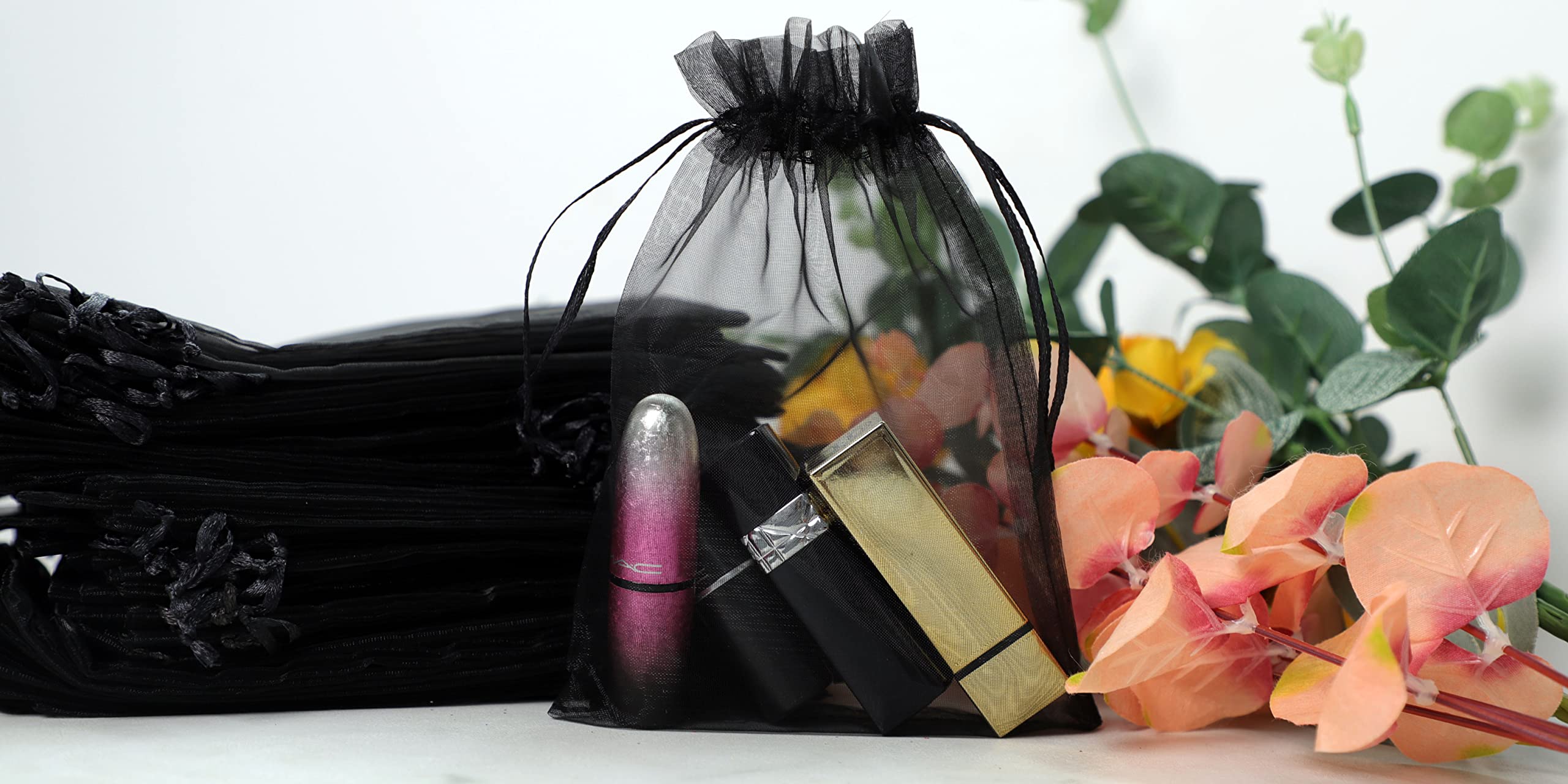 Stratalife 4x6 Inch Organza Drawstring Bags - 100PCS Black Mesh Jewelry Pouches for Jewelry, Candies & Party Favors | Perfect for Wedding, Birthday, Baby Shower & Gift Packaging