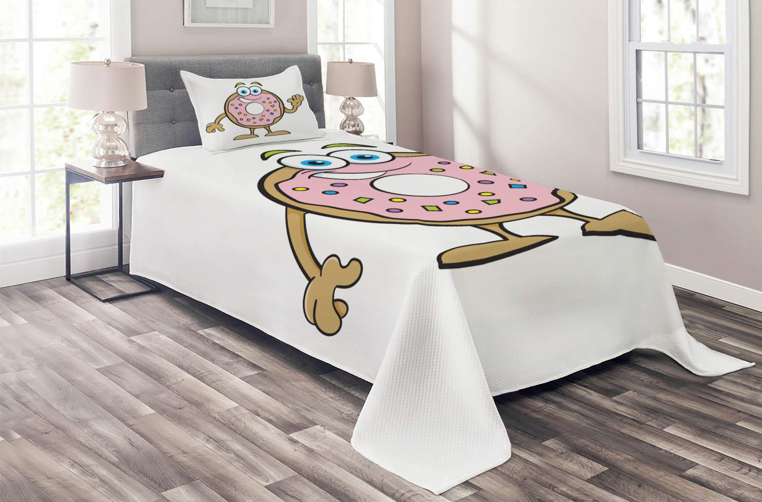 Ambesonne Smile Donut Print 2-Piece Quilted Bedspread Set with Pillow Sham - Twin Size Rose Multicolor Cartoon Style Wavy Donut Design - Perfect for Kids' Bedrooms, Dorm Decor & Whimsical Home Accents