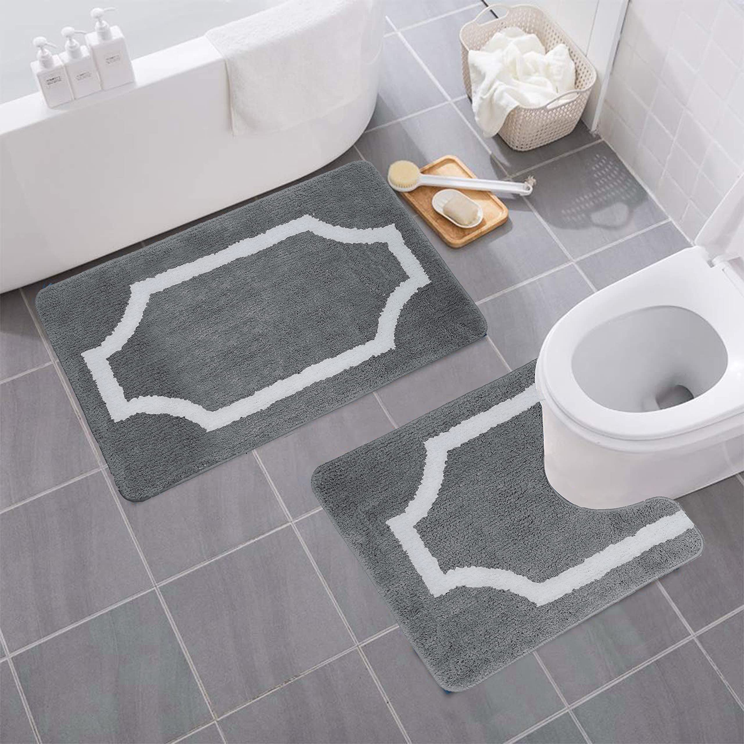 Premium 2-Piece Modern Microfiber Bathroom Rug Set with Non-Slip PVC Backing - Soft & Absorbent - Grey Luxury Home Decor for Bath Mats, Shower Rugs & Vanity Areas
