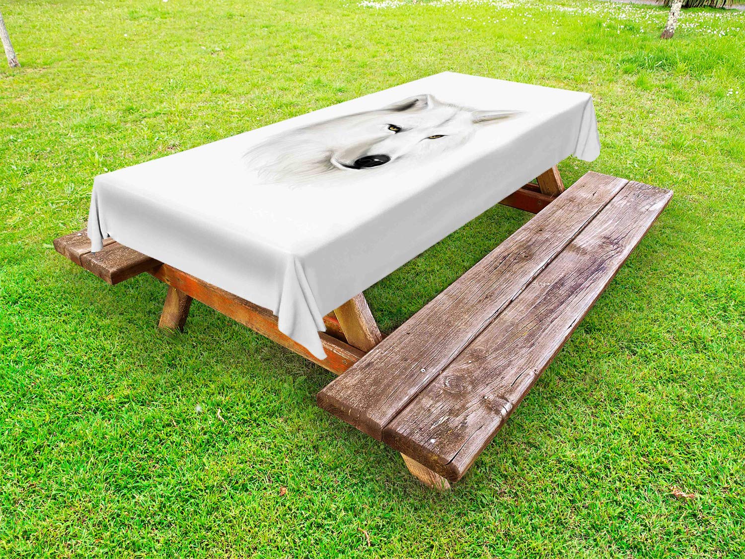 Ambesonne Wolf Themed Outdoor Tablecloth - White Canine Head Design, Hunter Wildlife Nature Art - Waterproof Washable Picnic Table Cover 58x104 Inches (Black Beige Yellow) - Perfect for Camping, Backyard BBQs, and Outdoor Parties