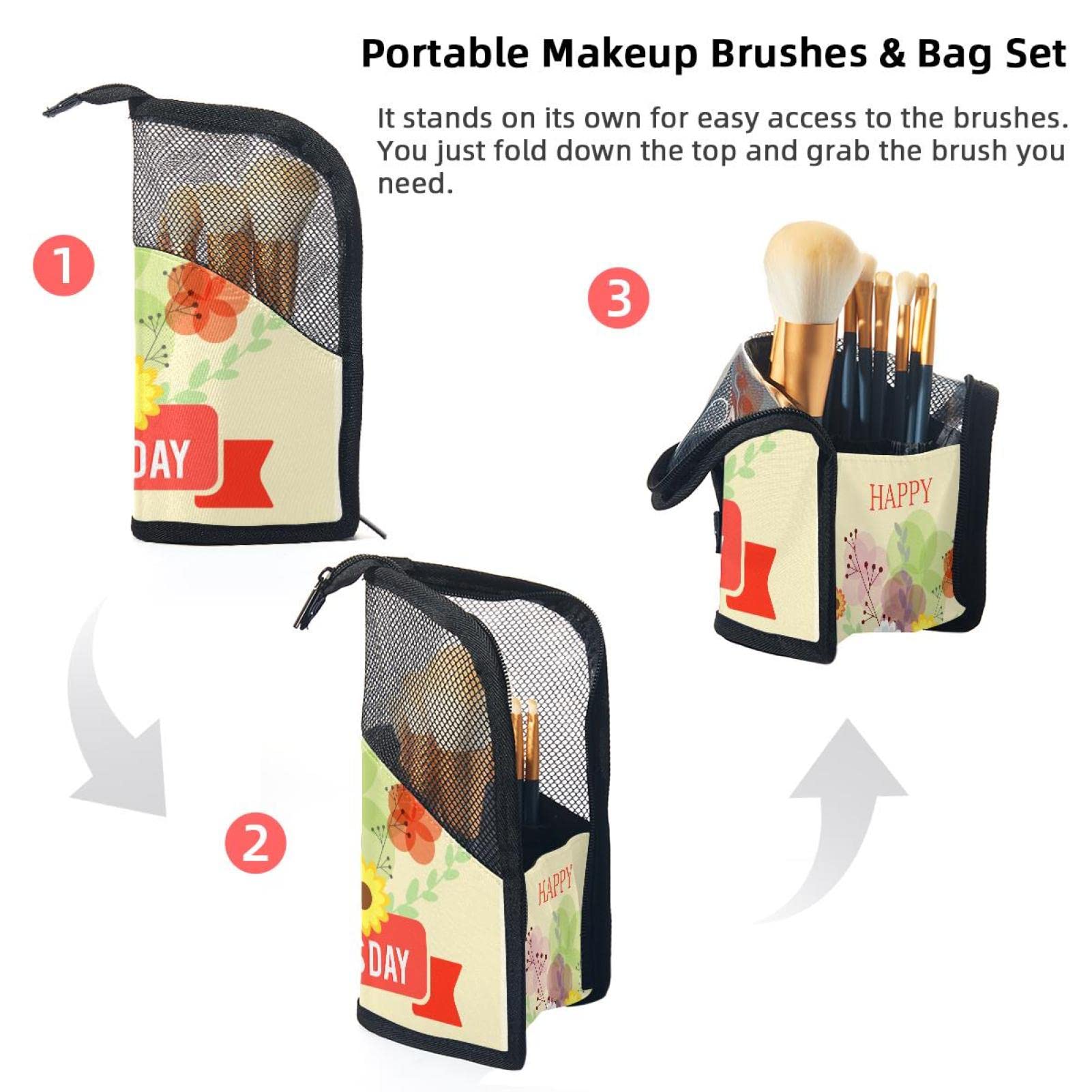 12-Piece Makeup Brush Organizer Bag with Portable Holder Case - Perfect for Travel, Home Storage & Teacher's Day Gifts (Flower Design)