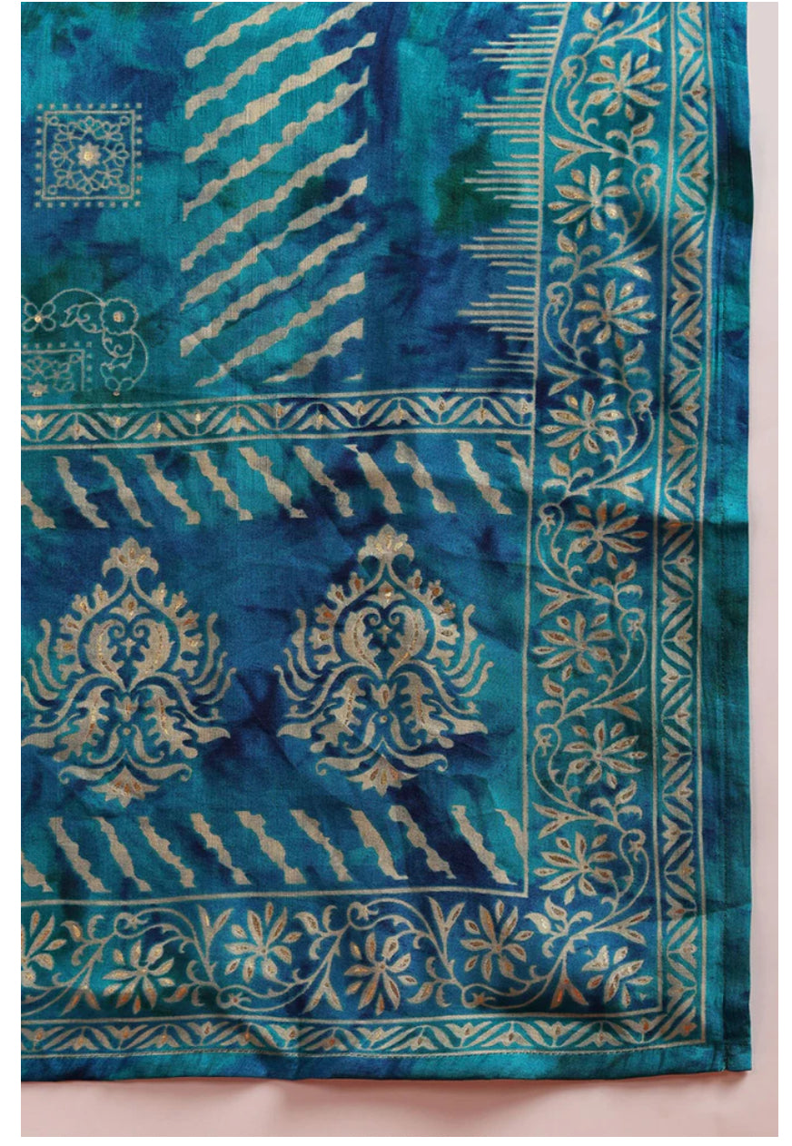Teal Silk Blend Ethnic Motifs Printed Flared Kurta Set for Women | Indian Traditional Outfit | Perfect for Festivals, Weddings & Cultural Events
