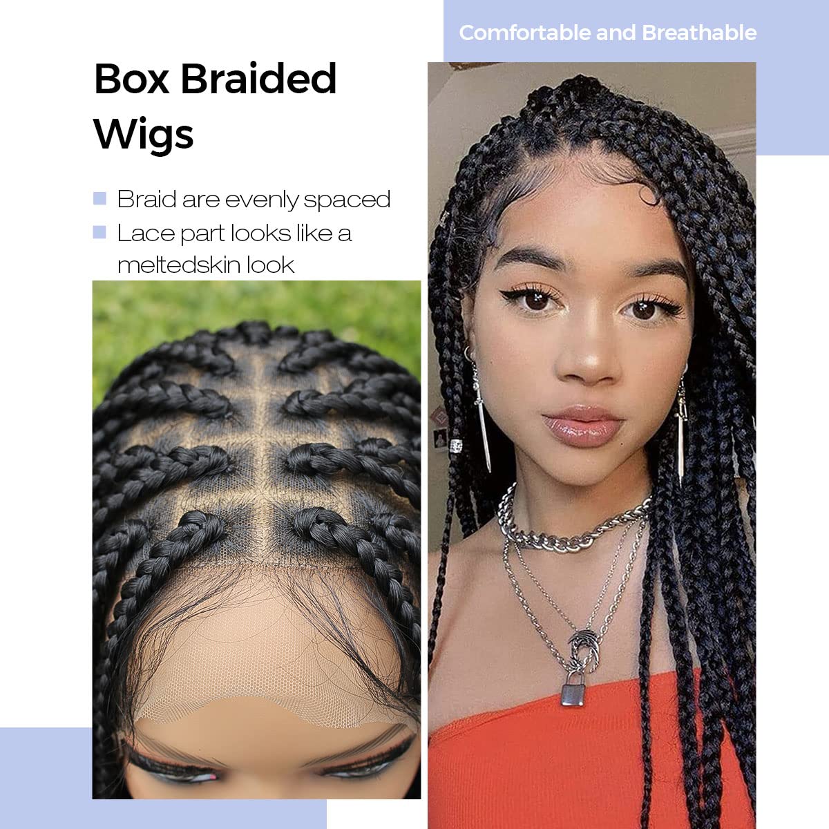KRALER 36 Inch Knotless Box Braid Wig for Black Women - Double Lace Front Human Hair Wig with Pre-Plucked Hairline & Baby Hair | Perfect for Protective Styling, Everyday Wear & Special Occasions