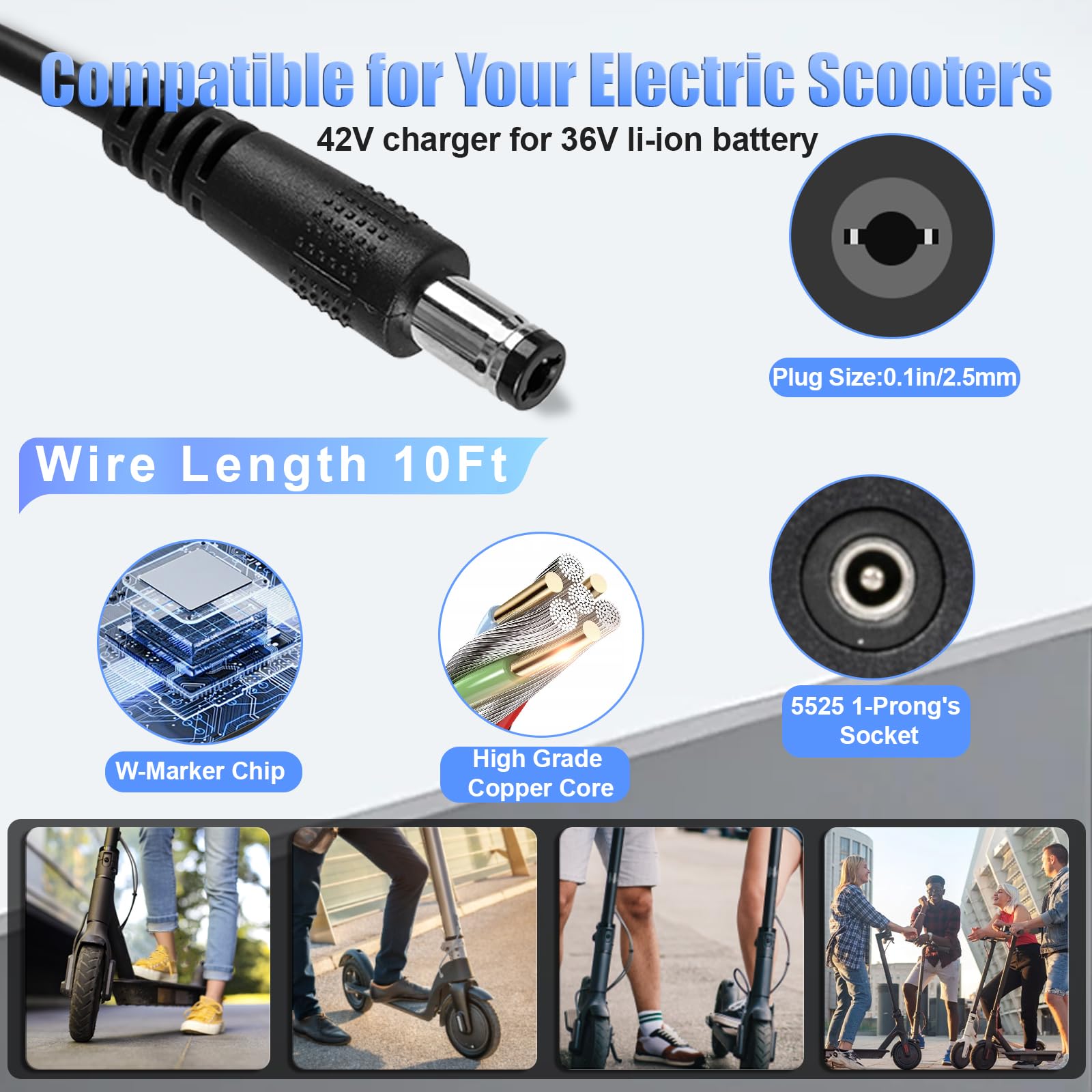 UL Listed 42V 1.5A-2A Electric Scooter Charger for 36V 10S Li-ion Battery - Fast Charging Compatible with Gotrax, Jetson, Hiboy Scooters & E-Bikes - Perfect for Commuting, Campus Travel & Urban Mobility