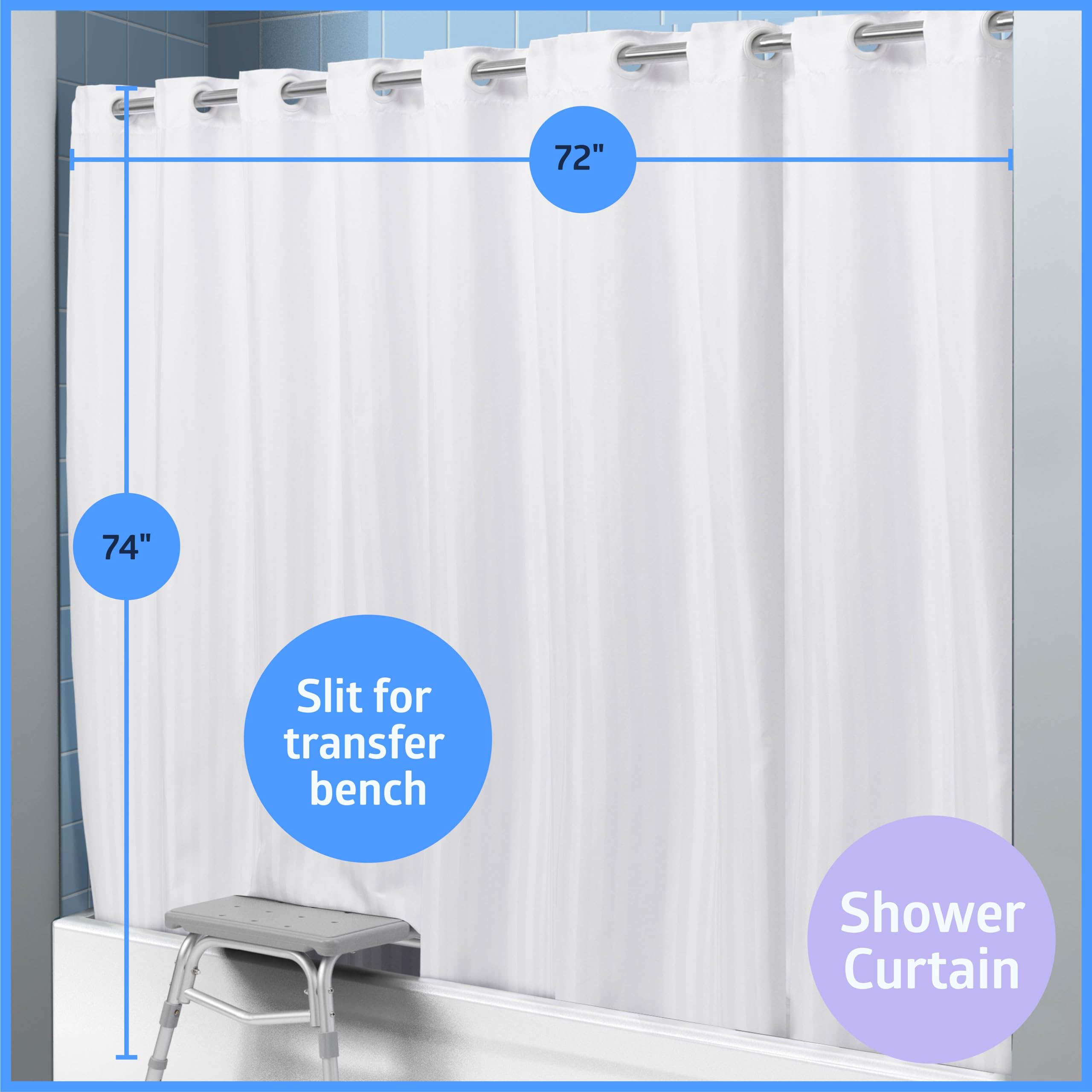 Medline Bath Transfer Bench & Shower Curtain Combo with 2-Pack Loofah Sponges - Safe Bathing Solution for Seniors, Disabled Adults, and Caregivers - Ideal for Elderly Home Care and Assisted Living Facilities