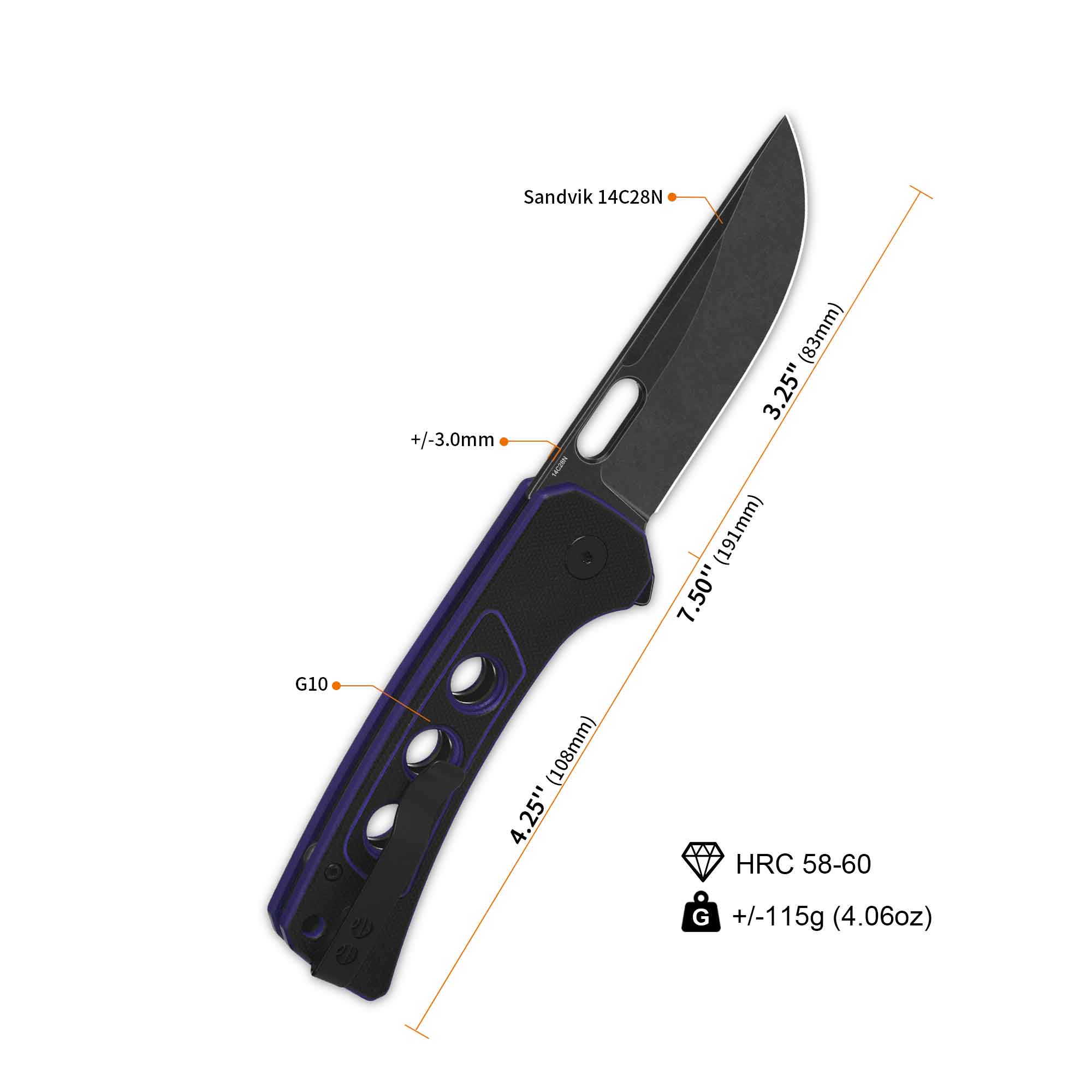 QSP Unicorn Button Lock Pocket Knife - 14C28N Stainless Steel Blade, Black Coated, Purple Liner & G10 Handle - EDC, Outdoor, Camping, Survival Tool