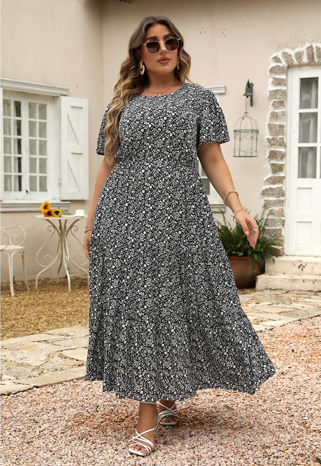 Nemidor Women's Plus Size Boho Floral Print Casual Layered Flared Maxi Dress with Pockets - Perfect for Beach Vacations, Summer Parties & Boho Fashion Outfits