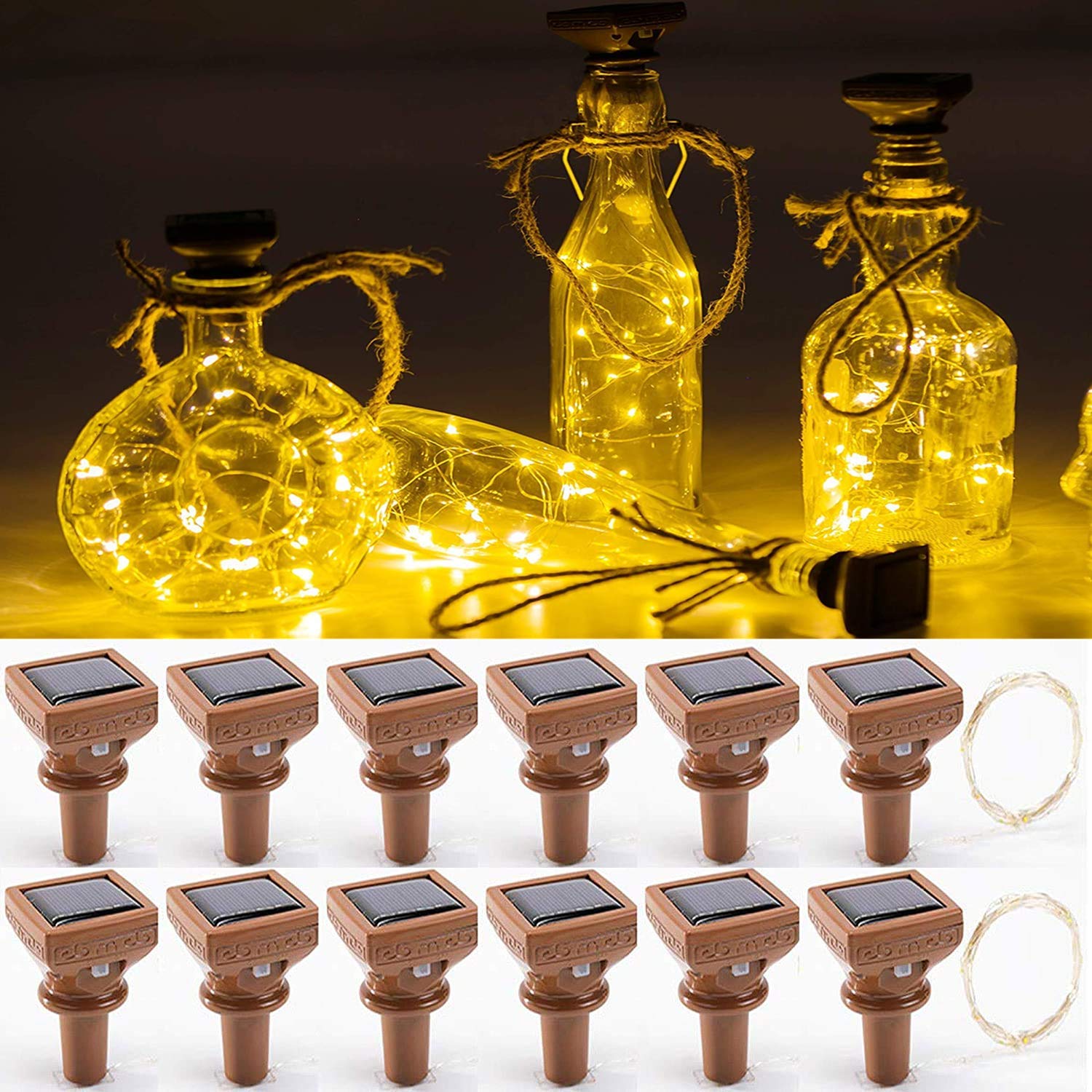 12 Pack Solar Wine Bottle Lights - 20 LED Mini Copper String Lights with Cork for Christmas, Wedding, Halloween Decor - Waterproof & Outdoor Use (Warm White) | Perfect for Backyard Parties, Garden Decor, and Holiday Celebrations