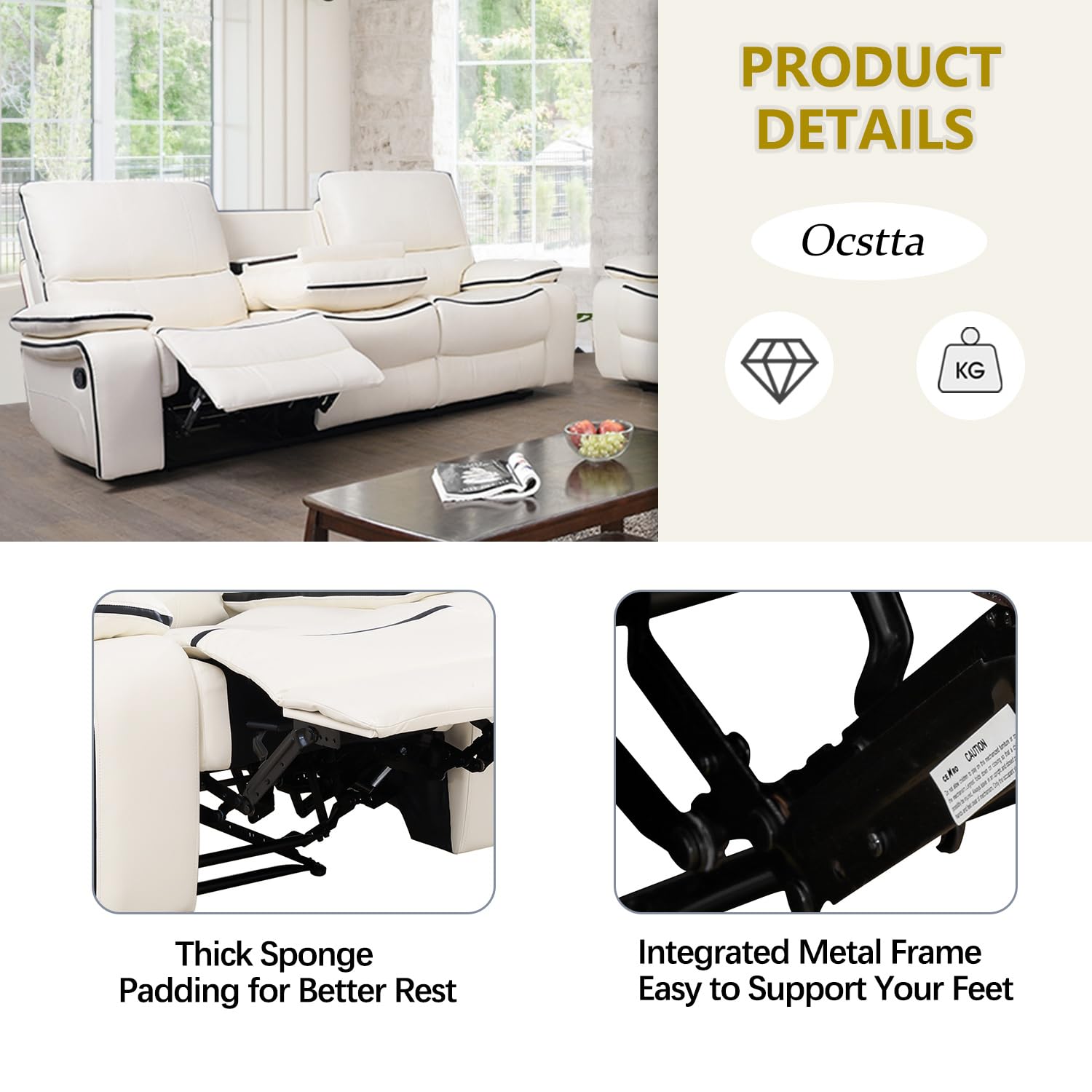 Bonded Leather Recliner Sofa Set with Cup Holders - Living Room & Office Furniture (Loveseat & Couch, Cream White) | Perfect for Family Movie Nights & Home Theater Lounging