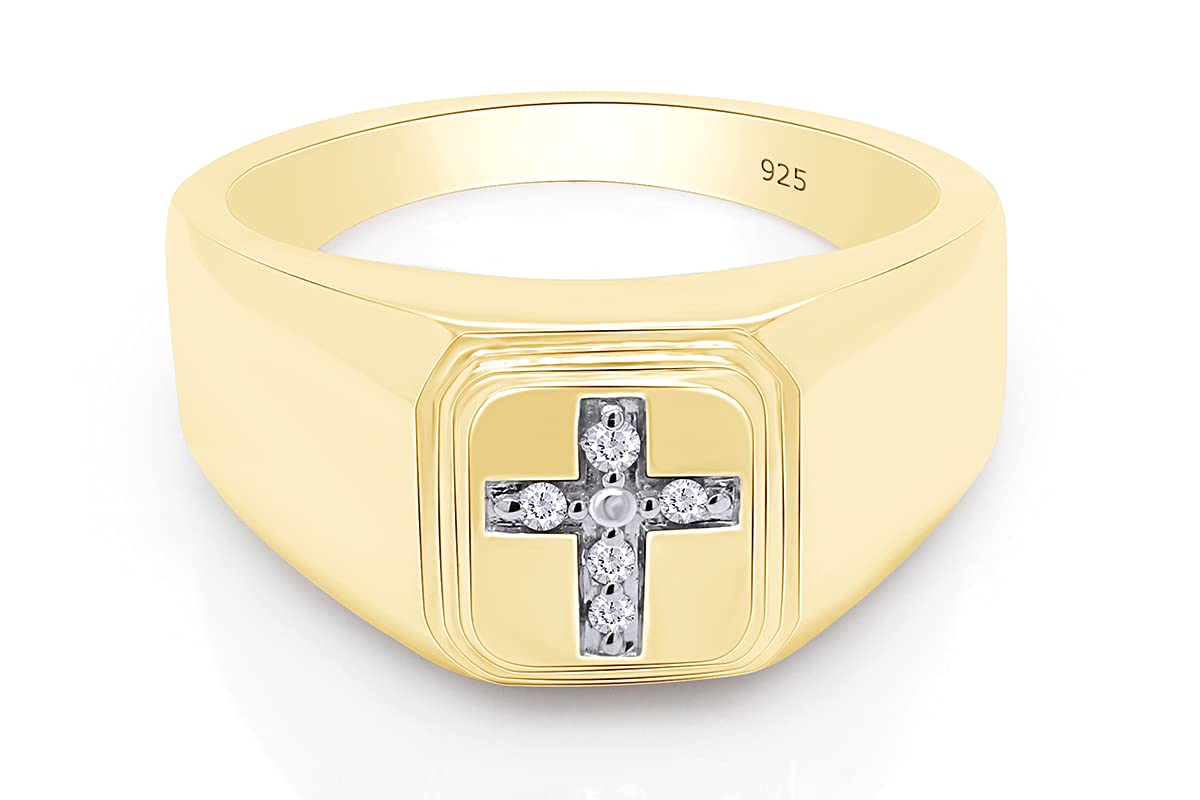 14K Gold Over Sterling Silver AFFY White Natural Diamond Cross Band Ring (0.05 Cttw) - Perfect for Weddings, Anniversaries & Religious Gifts
