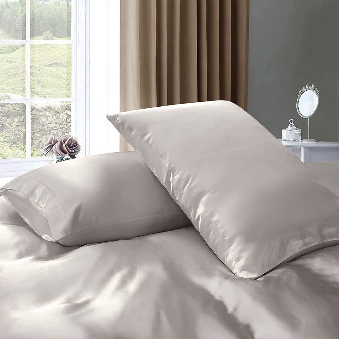 Luxury 7-Piece King Silk Satin Sheet Set - Breathable Cooling Bed Sheets with Deep Pockets - Wrinkle-Free Hotel Quality Duvet Cover - Ivory Comfy Bedding for Master Bedroom & Guest Room