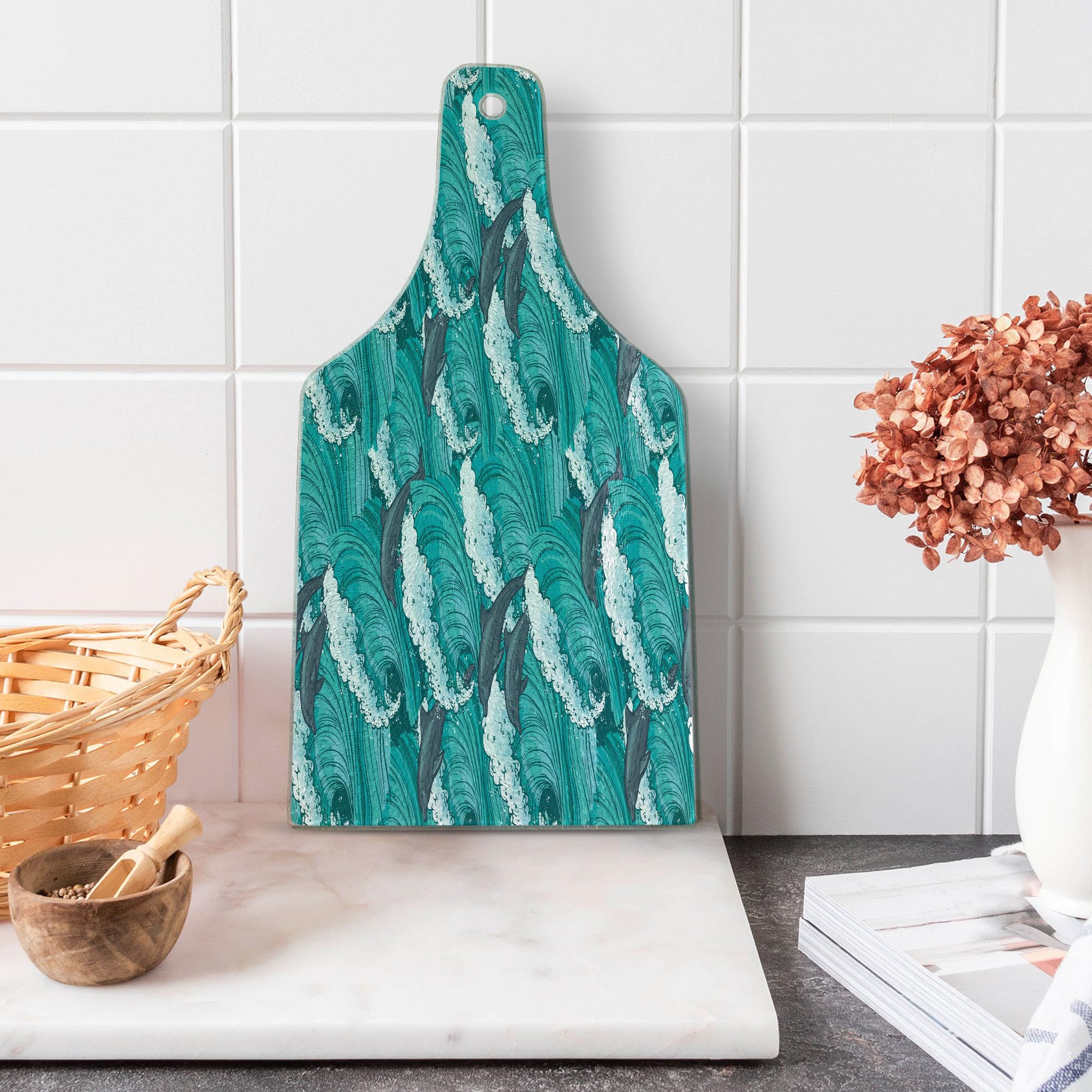 Ambesonne Sea Animals Cutting Board - Wavy Ocean with Dolphins Windy Surfing Doodle Style Art Print - Tempered Glass Serving Board for Kitchen & Entertaining - Wine Bottle Shape in Charcoal Grey Teal White - Perfect for Cheese Platters, Charcuterie & Wine Pairings