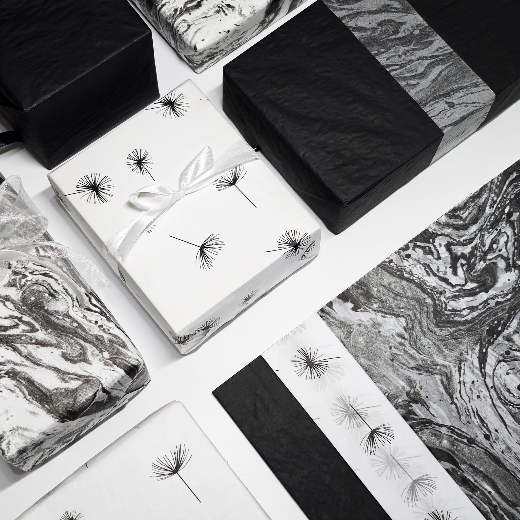 Premium Matte Marble Dandelion Tissue Paper - 30 Sheets Black & White Gift Wrapping Paper for Birthday Parties, DIY Crafts, Gift Bags & Packaging (19.7x13.8 Inches) - Perfect for Party Decorations, Wedding Favors and Handmade Card Making