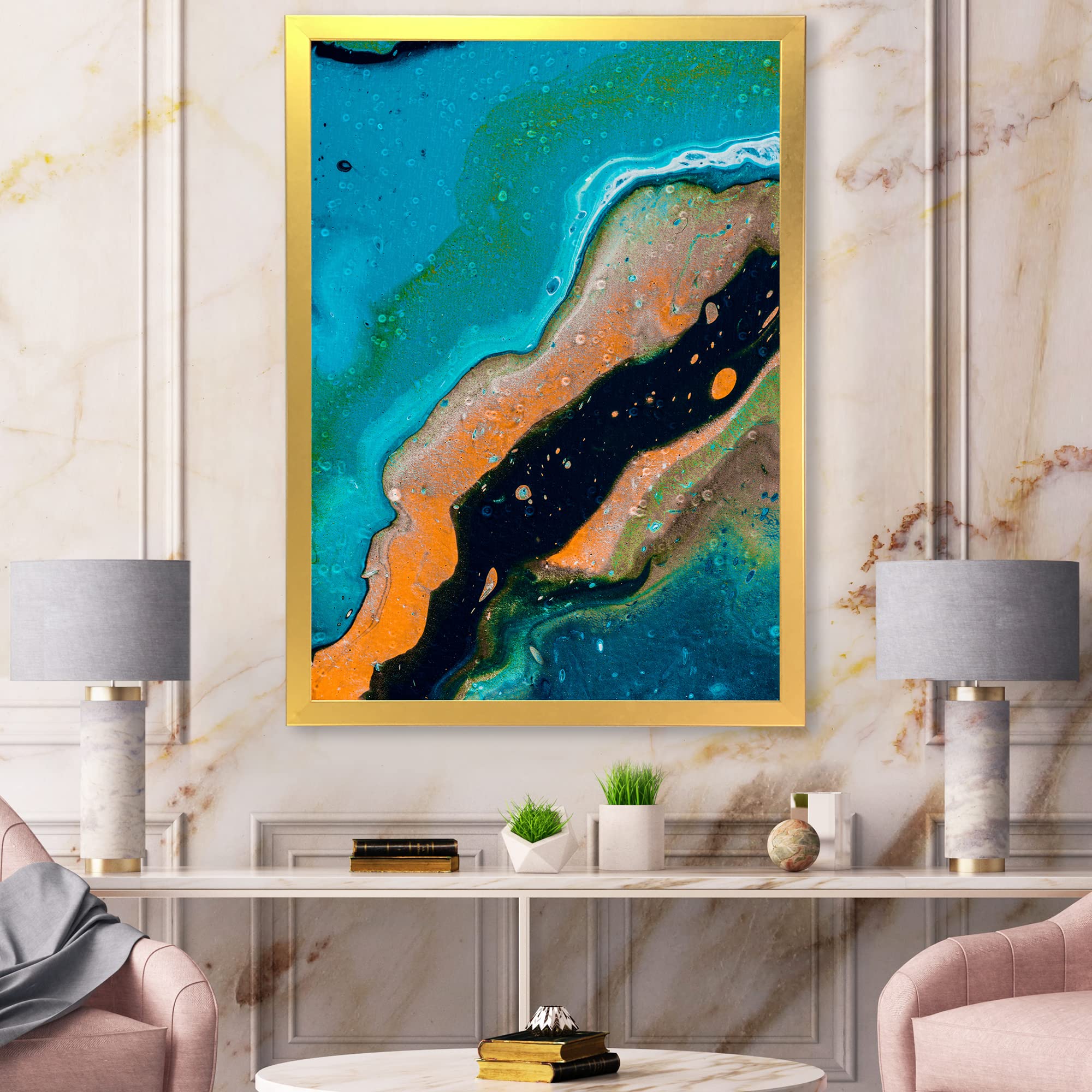 Abstract Marble Composition In Blue and Orange II - Modern Framed Wall Art Decor for Living Room, Bedroom & Office | Contemporary Home Decor