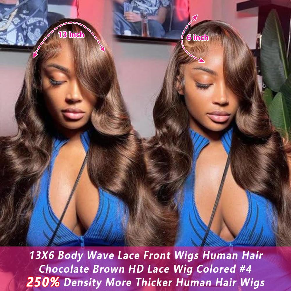 Muokass 250% Density 13x6 HD Full Lace Front Wigs Human Hair - 28 Inch Chocolate Brown Pre-Plucked Body Wave Lace Wig for Women | Natural Look for Daily Wear, Parties & Special Occasions