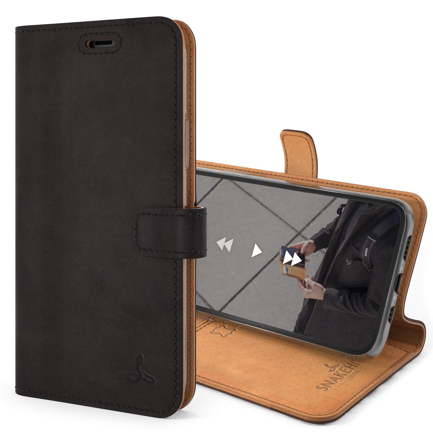 Snakehive Vintage Genuine Leather iPhone 11 Wallet Case - Flip Folio Cover with Card Holder & Viewing Stand - Real Leather Phone Case for Men & Women - Perfect for Business, Travel & Daily Use (Black)