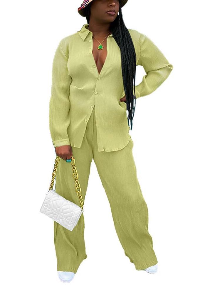 Women's 2-Piece Outfits - Summer & Spring Long Sleeve Button Down Top with Wide Leg Pants Set | Casual Workwear, Office Attire & Weekend Outfits