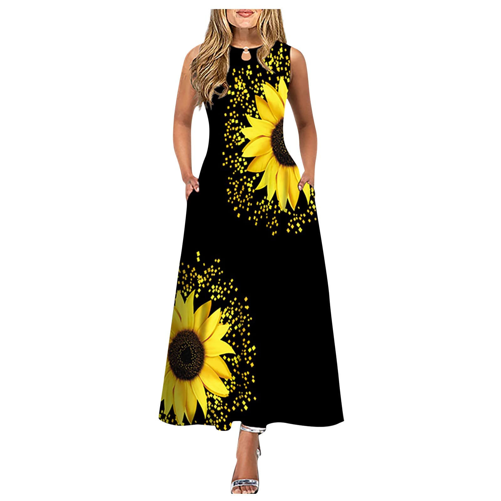 Floral Print Women's Casual Dress - Long Sleeveless Round Neck Maxi Dress with Flowy Hem | Perfect for Summer Outings, Beach Vacations, and Special Occasions