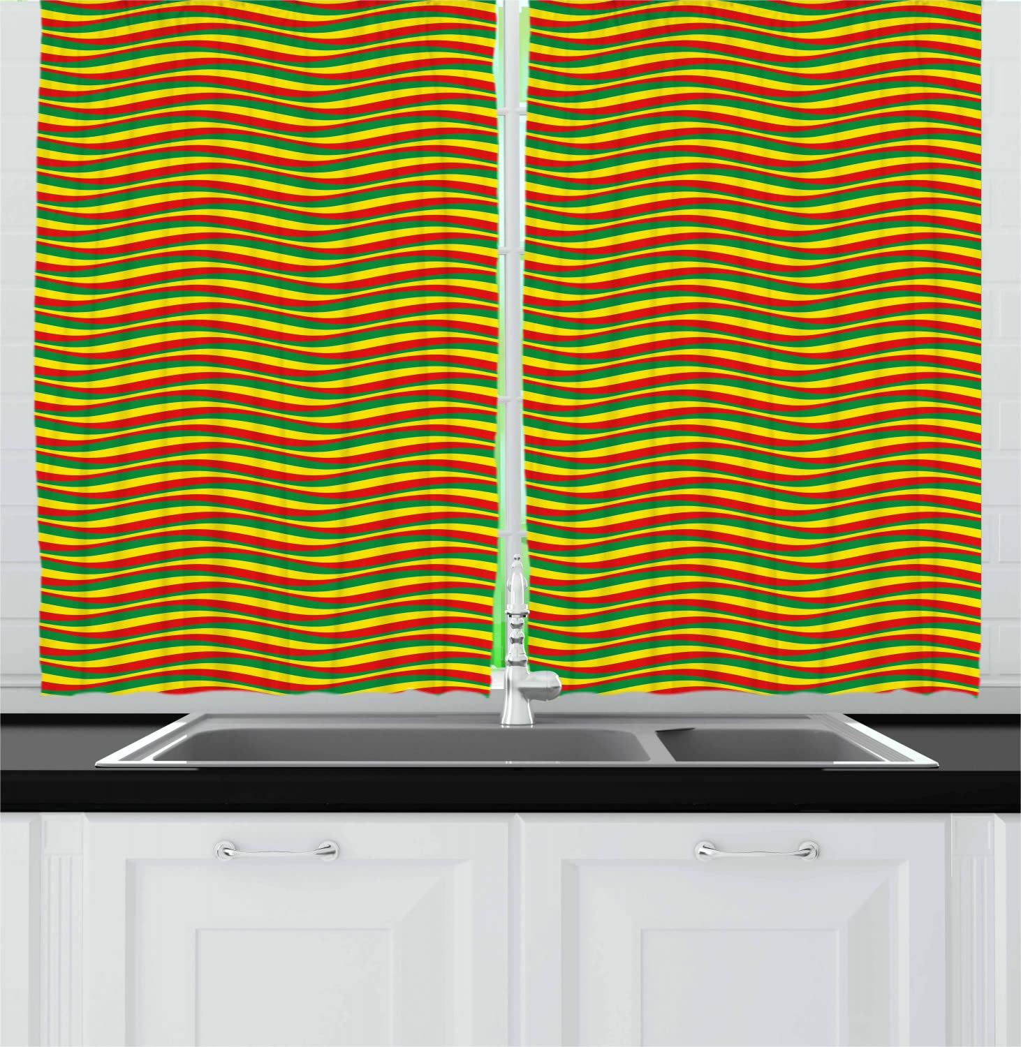 Ambesonne Rasta Long Kitchen Curtains - Vibrant Ethiopian Flag Color Stripes in Wavy Design, 2 Panel Rod Pocket Drapes (55x45 Inches) - Perfect for Bohemian, Reggae & African Inspired Home Decor