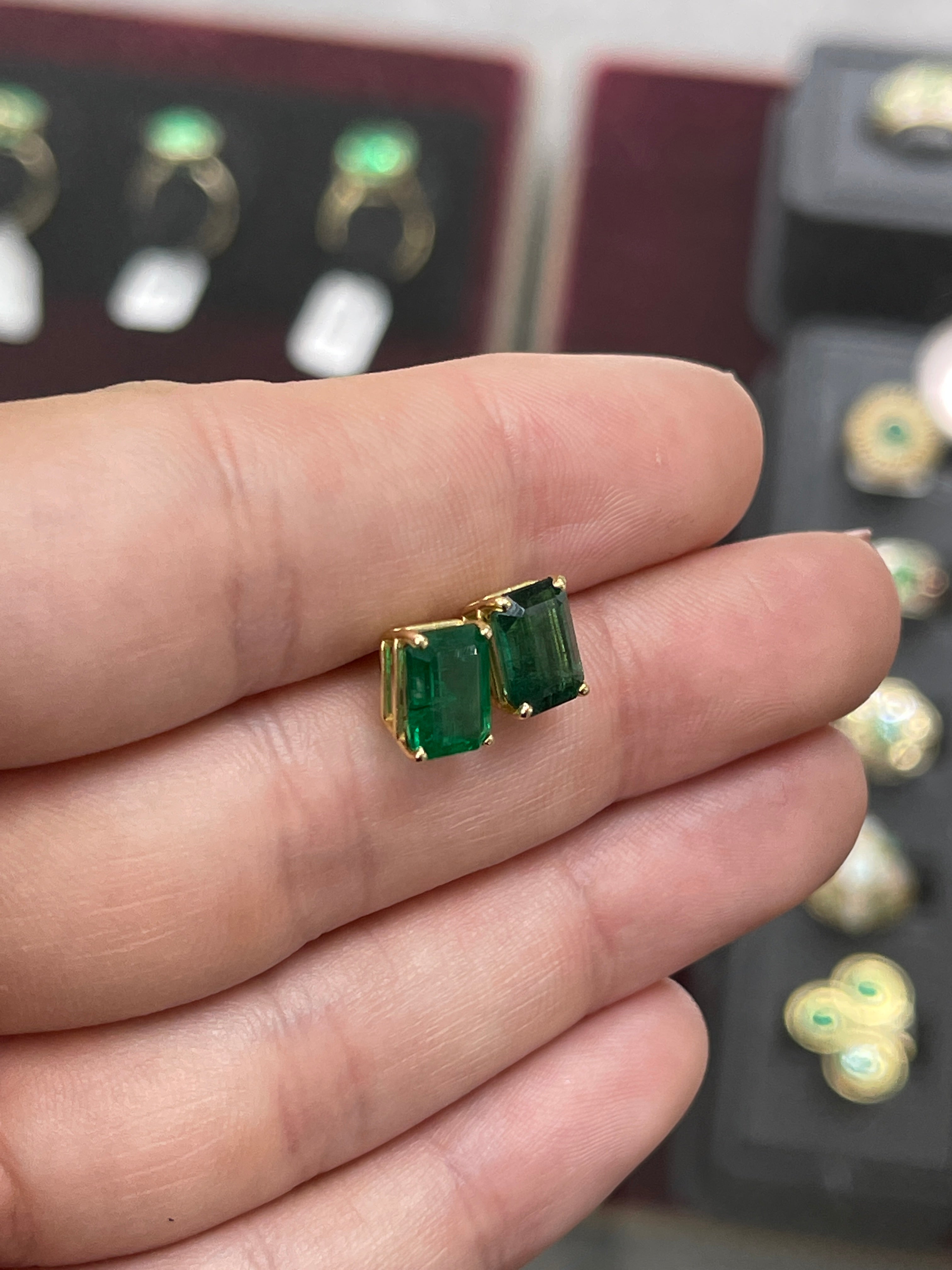 AAA 5.0TCW Vivid Dark Forest Green Emerald Cut Solitaire Stud Earrings in Solid 18K Gold - Perfect for Weddings, Parties & Special Occasions