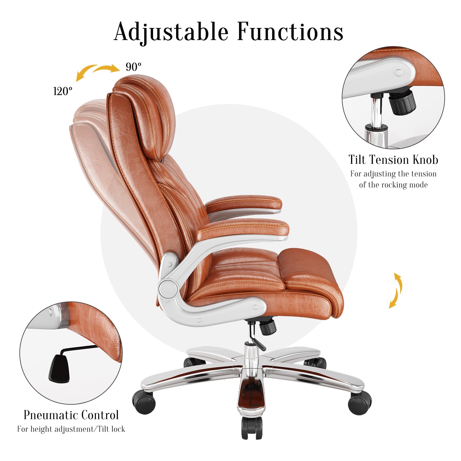 Premium Leather Executive Office Chair - High Back Big & Tall Desk Chair with Wheels, Flip-Up Arms & Lumbar Support - Ergonomic Computer Chair for Home Office (Orange) - Perfect for Long Work Hours & Professional Workspaces