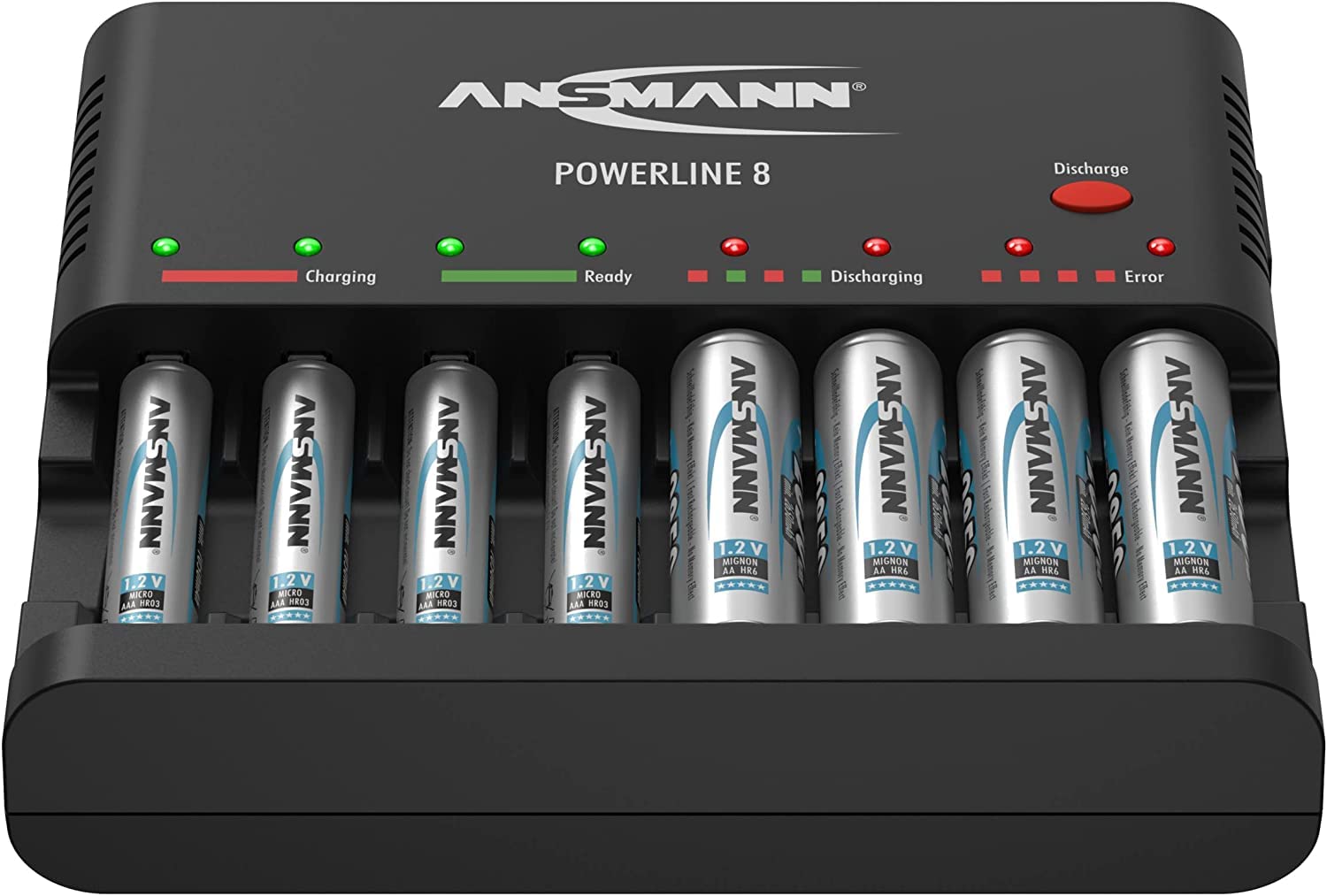 Ansmann 1001-0006-US-590-2 Smart Battery Charger for AA & AAA with Discharge Function - Includes 8-Pack 2850mAh Slimline AA Rechargeable Batteries - Perfect for Cameras, Toys, Remote Controls & Electronic Devices