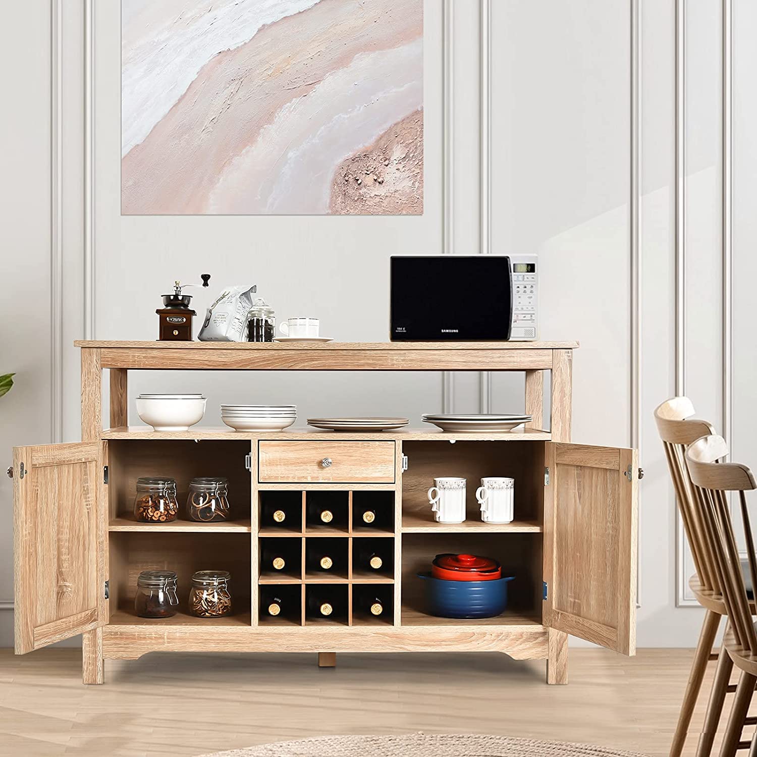 BANGTANE Buffet Kitchen Sideboard - Solid Wood Console Table with 2 Storage Cabinets, Drawer, Wine Rack & Open Shelf | Entryway Storage Organizer for Living Room, Dining Room & Hallway (Natural Finish, HW63250) | Perfect for Home Decor, Entertaining & Small Space Organization