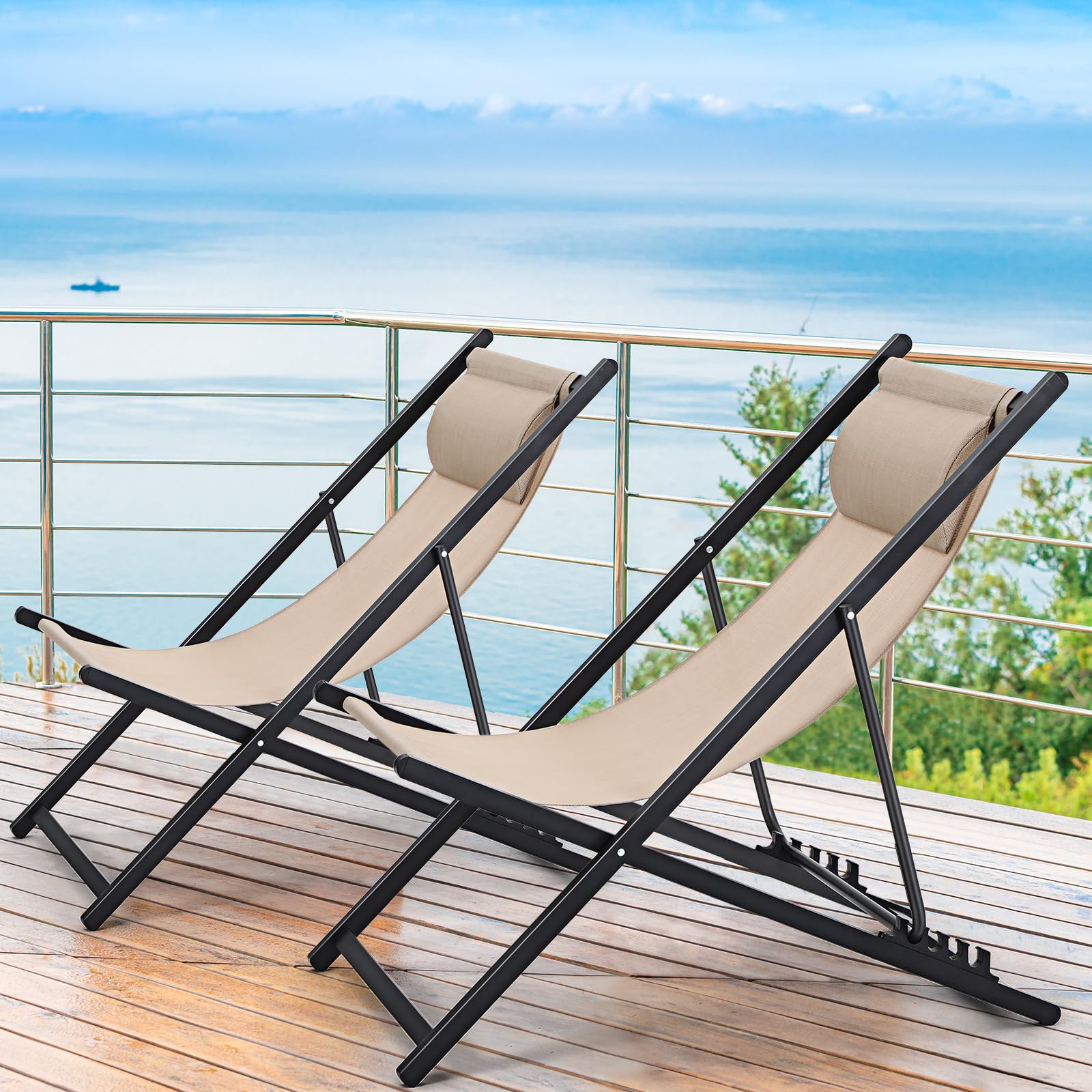 2 Pack Foldable Outdoor Lounge Chairs with Adjustable Headrest - Portable Patio Sling Chairs with 5-Level Height Adjustment & Aluminum Frame - Perfect for Beach, Pool, Camping, Garden, Yard, and Lawn Relaxation (Beige)
