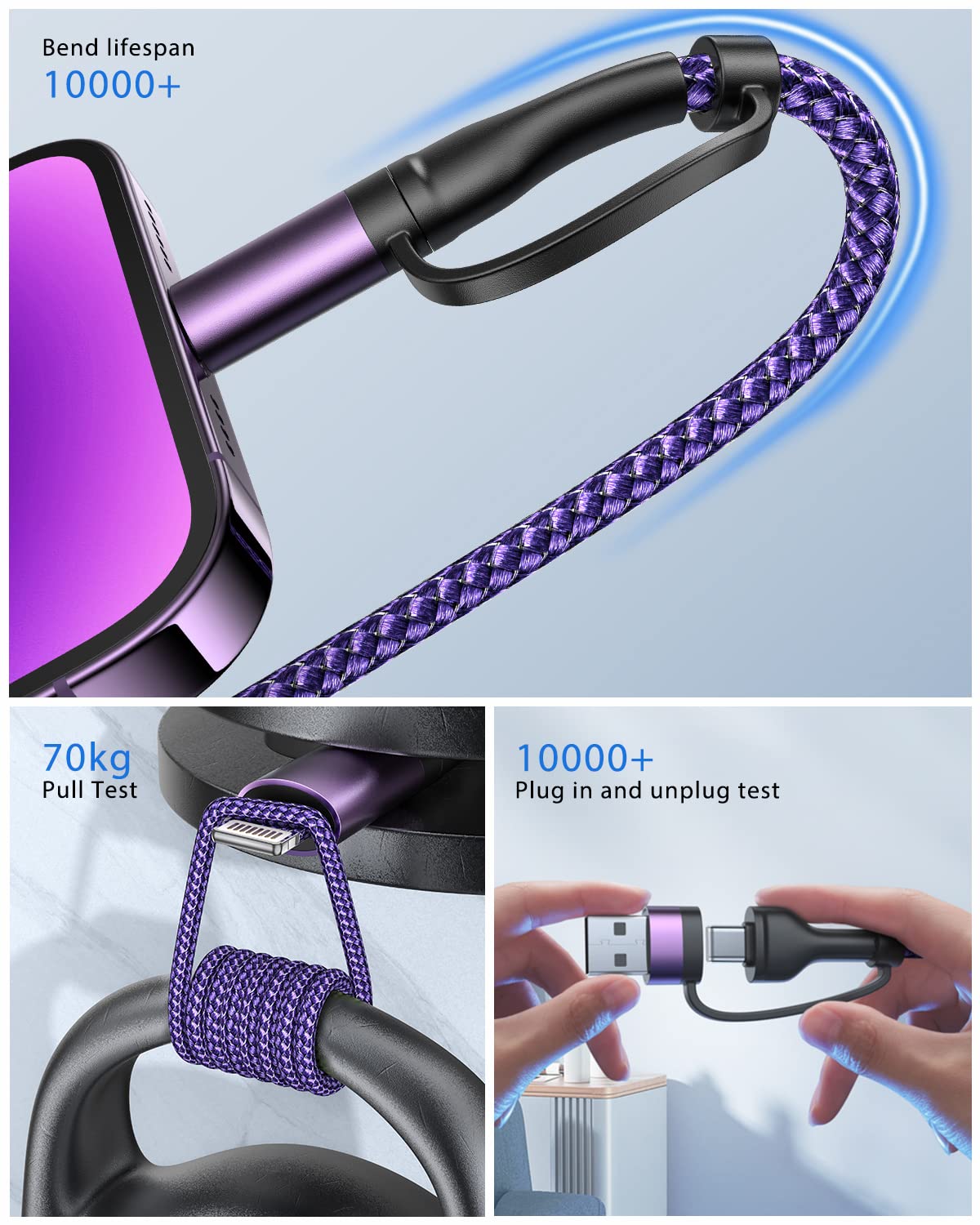 4-in-1 Fast Charging Cable 60W 6FT - MFi Certified USB C to Lightning & USB A/C to C/Lightning Cable - Nylon Braided Durable Charger for iPhone 16/15/14/13 Pro, iPad, Samsung, MacBook - Perfect for Home, Office & Travel Charging