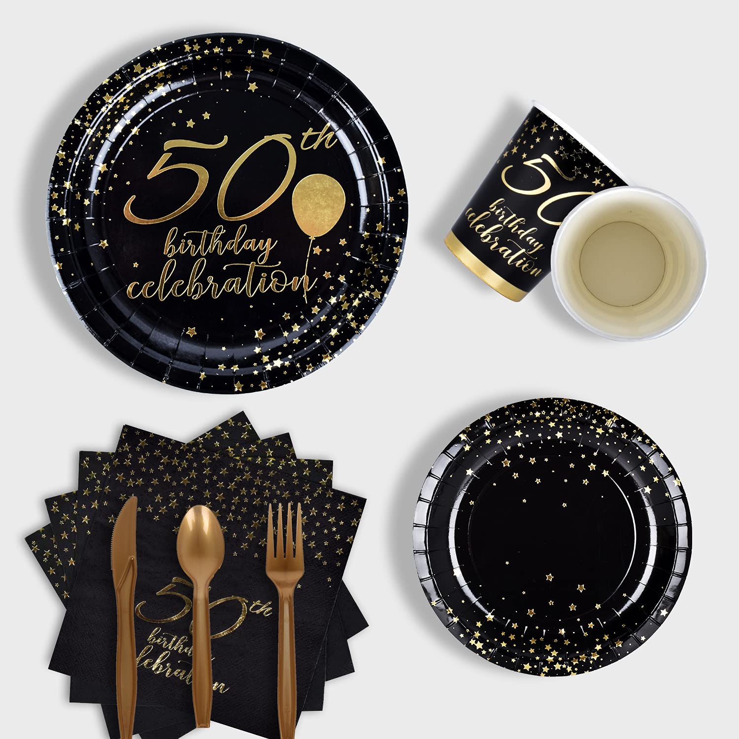 Gatherfun 50th Birthday Party Supplies Set - 50 Disposable Paper Plates, Napkins, Cups, Cutlery & Tablecloth with Black & Gold Balloons & Banner - Elegant 50th Birthday Decor for Men & Women (Serves 25) - Perfect for Milestone Celebrations, Retirement Parties & Anniversary Events