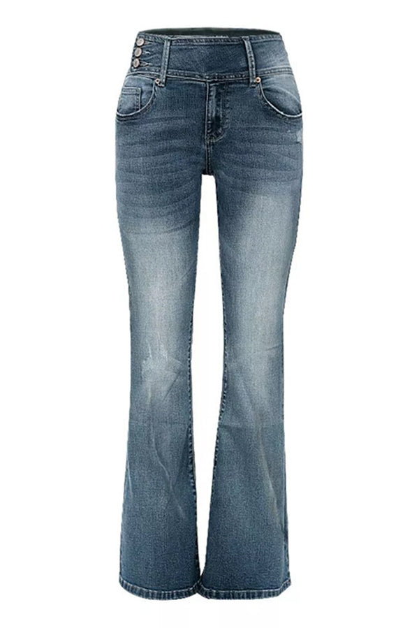 Vintage High Waist Flared Jeans with Side Button Pockets - Retro 70s Style Denim Pants for Women, Perfect for Casual Outings & Boho Fashion Looks