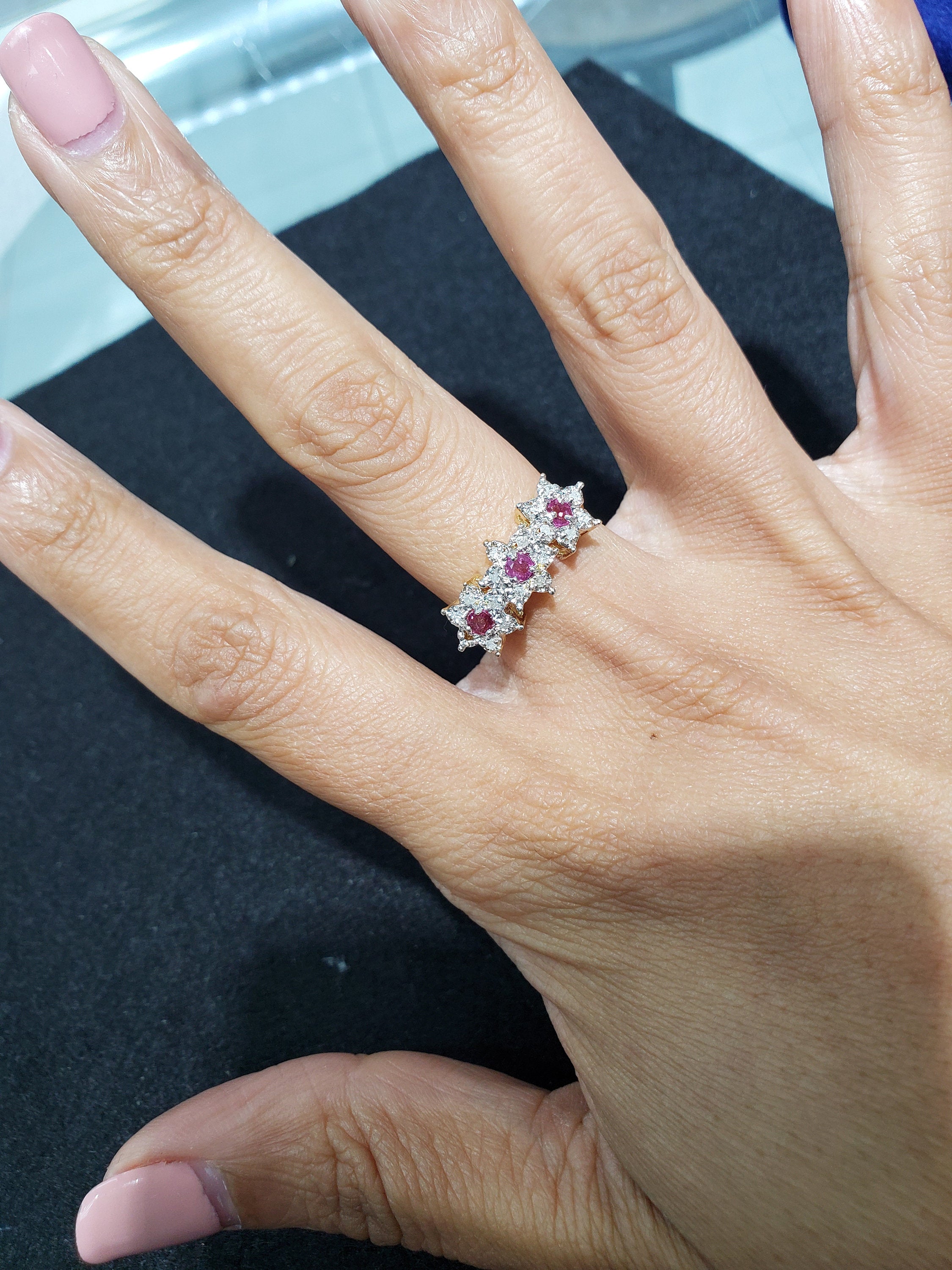 14K Yellow Gold Three Flower Shaped Diamond & Ruby Ring for Women - Elegant Jewelry Gift for Anniversary, Engagement, Wedding & Special Occasions