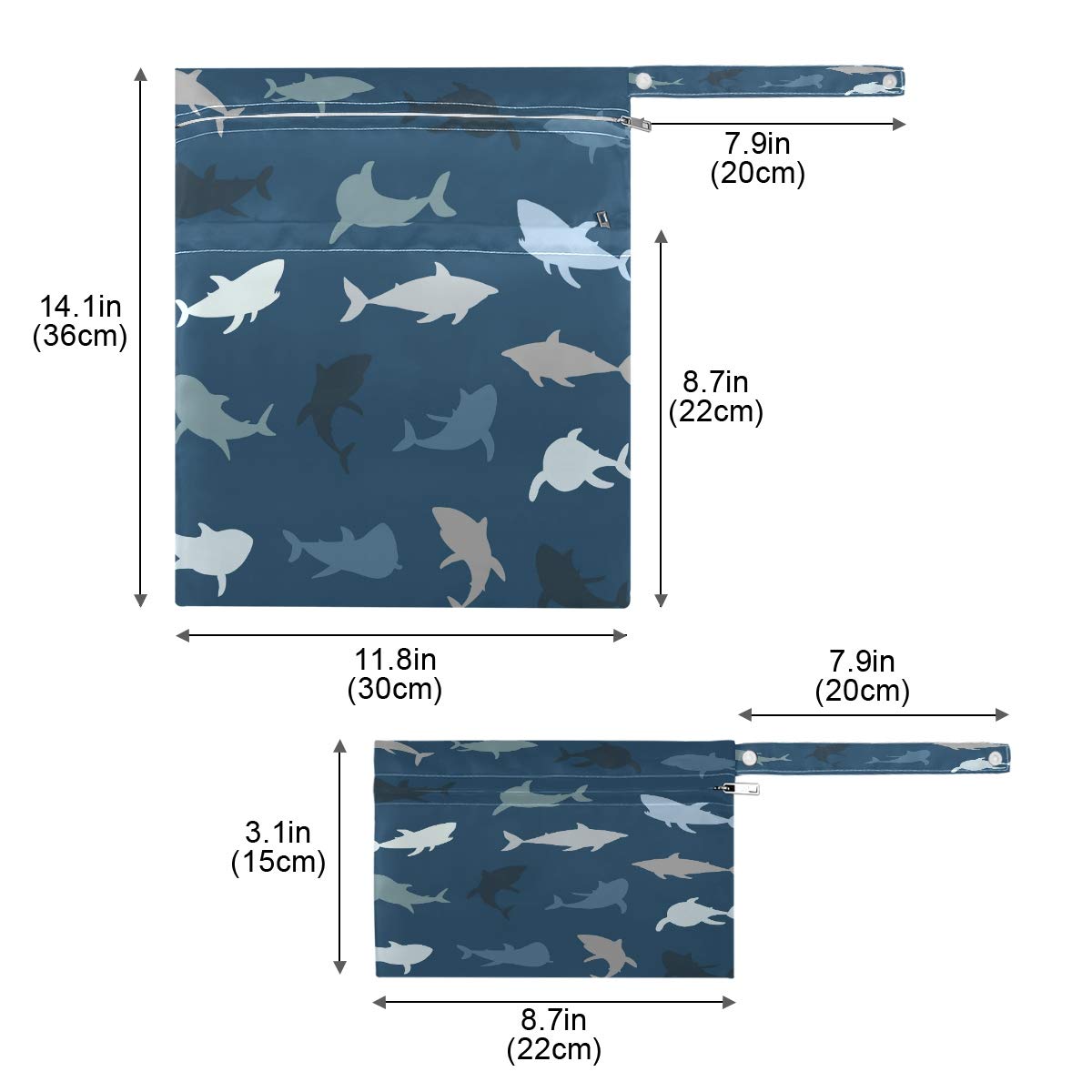 Waterproof Wet Dry Bag 2 Pack - Shark Design Washable Pouch for Travel & Swimming