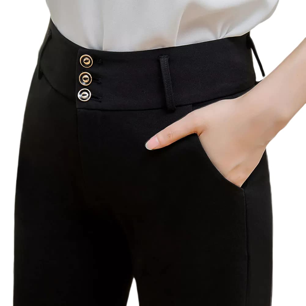 Double Plus Open Women's Heavyweight Straight Leg Flare Wide Leg Bell Bottom Dress Pants with Pockets - Office Work, Business Casual & Formal Wear
