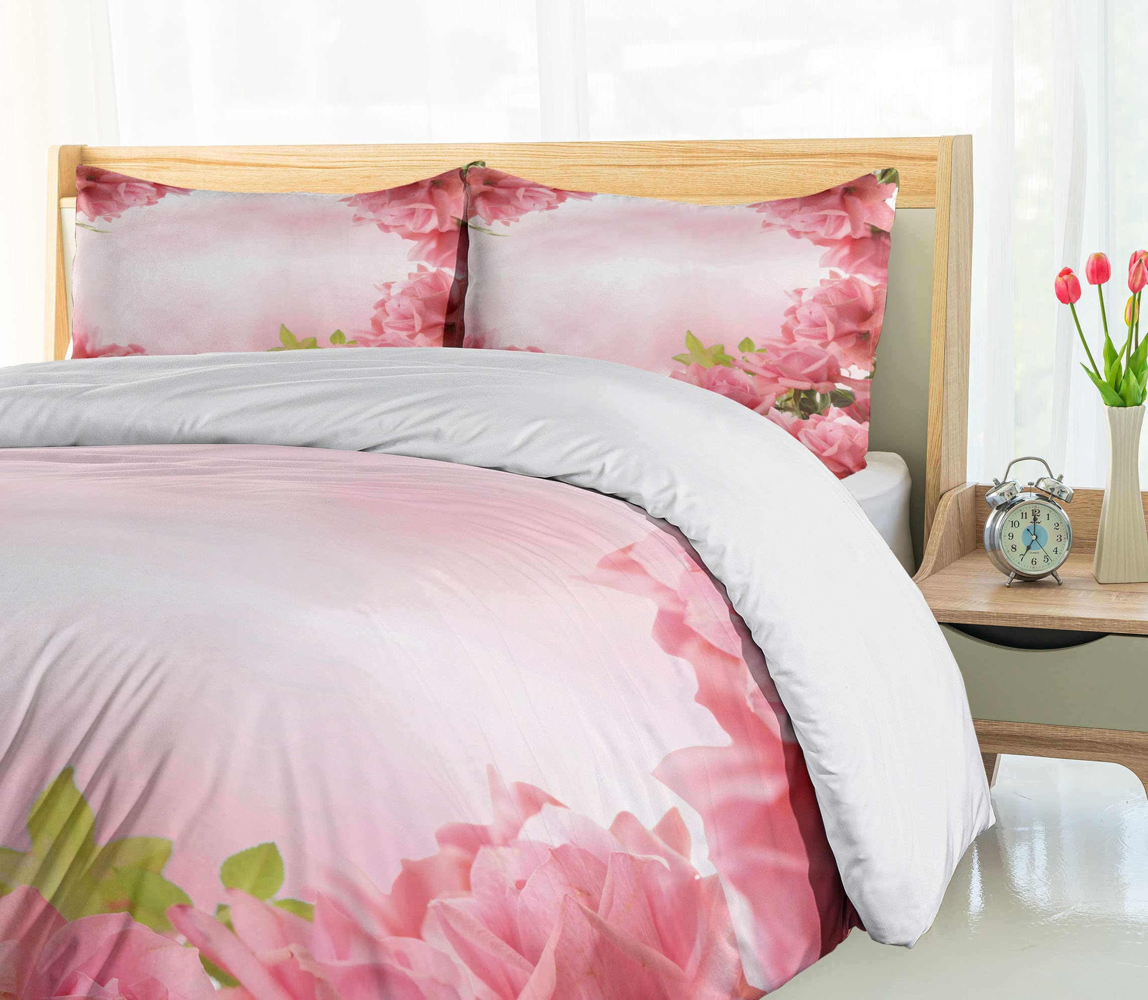 Ambesonne Valentine Duvet Cover Set - Romantic Rose & Leaf Design Bridal Wedding Bedding, 3-Piece King Size Set with 2 Pillow Shams in Pink Coral Green | Perfect for Master Bedroom, Guest Room & Valentine's Day Decor