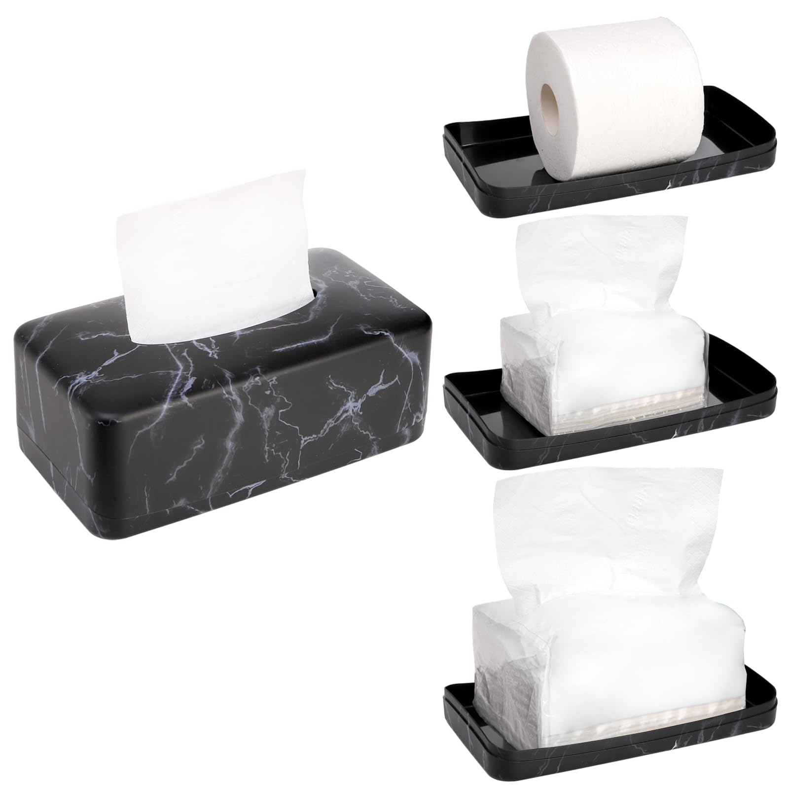 Black Faux Marble Tissue Box Cover - Rectangular Napkin Dispenser Holder for Facial Tissues, Dryer Sheets & Towels | Bathroom, Bedroom, Kitchen & Car Organization | Modern Home & Office Decor