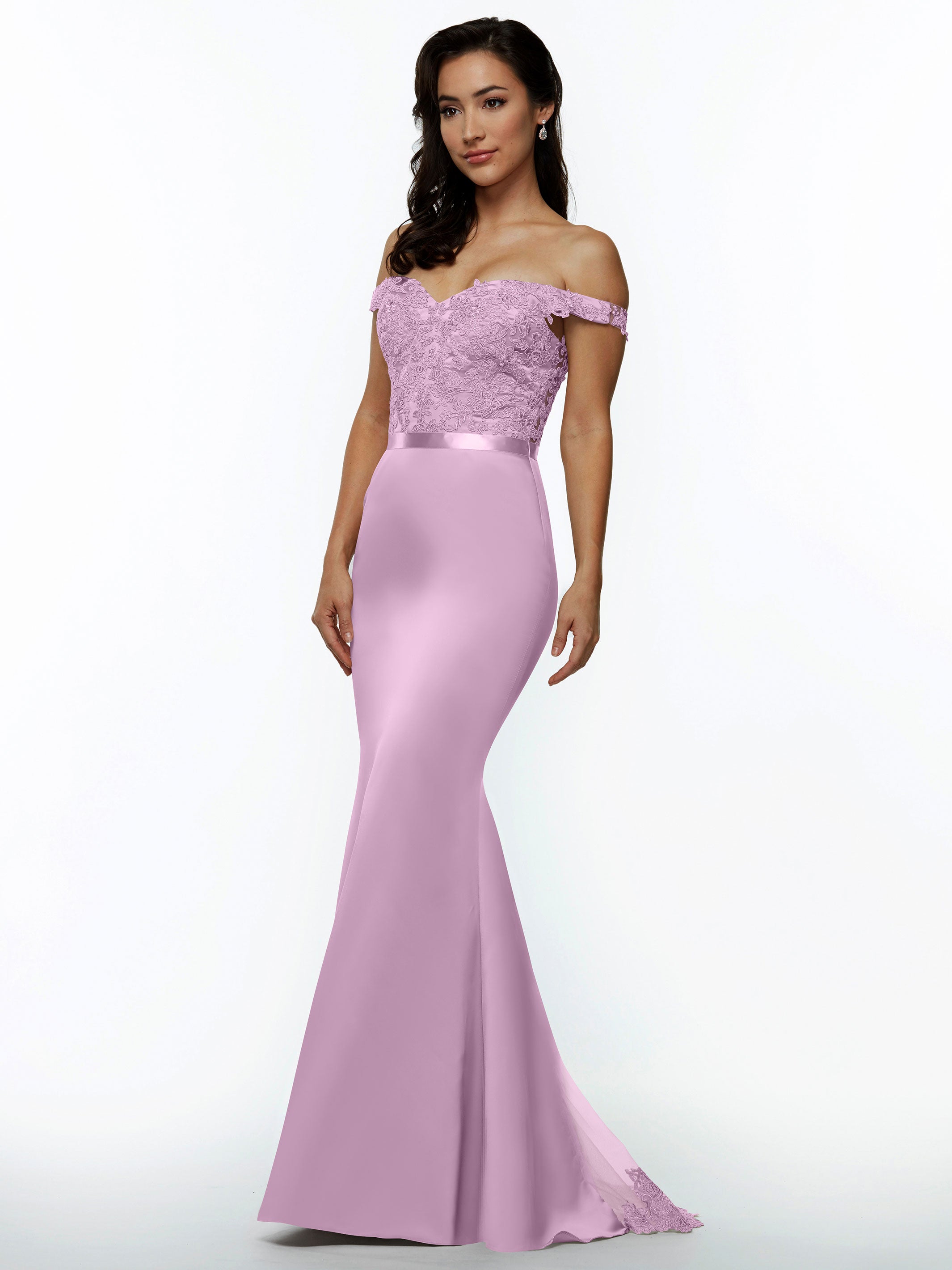 Elegant Off-the-Shoulder Satin Bridesmaid Dress with Lace Bodice & Waist Sash - Perfect for Weddings, Formal Events & Special Occasions