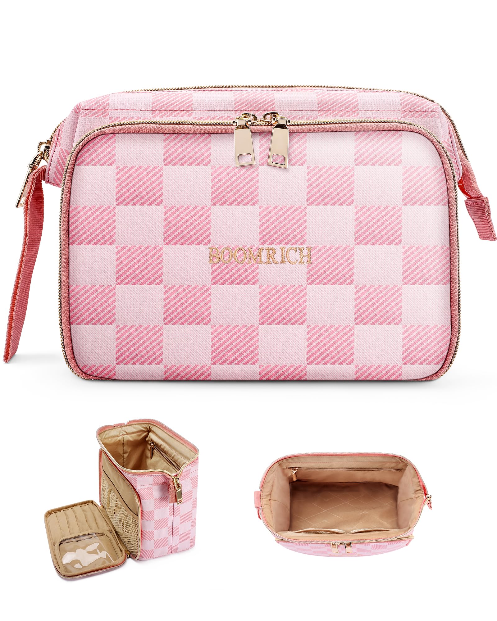BOOMRICH Waterproof Leather Makeup Bag - Travel Cosmetic Organizer with Brush Holder (Pink) for On-the-Go Beauty