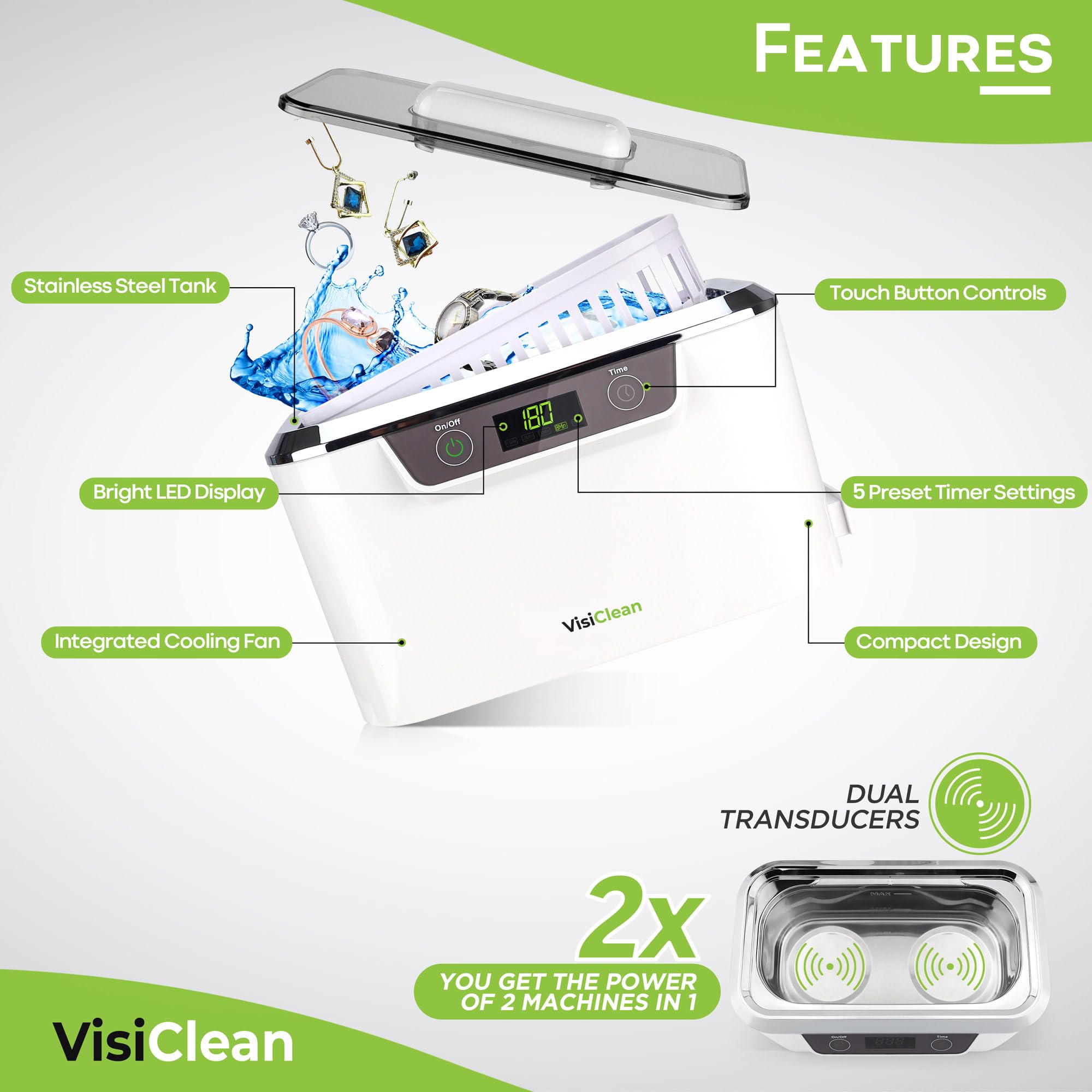 Professional Ultrasonic Jewelry Cleaner Machine for Rings, Necklaces, Earrings - Gold & Silver Cleaning - Also Works for Glasses, Dentures, CPAP Parts, Coins & Razors - Perfect for Home Jewelry Care & Small Item Cleaning - VisiClean