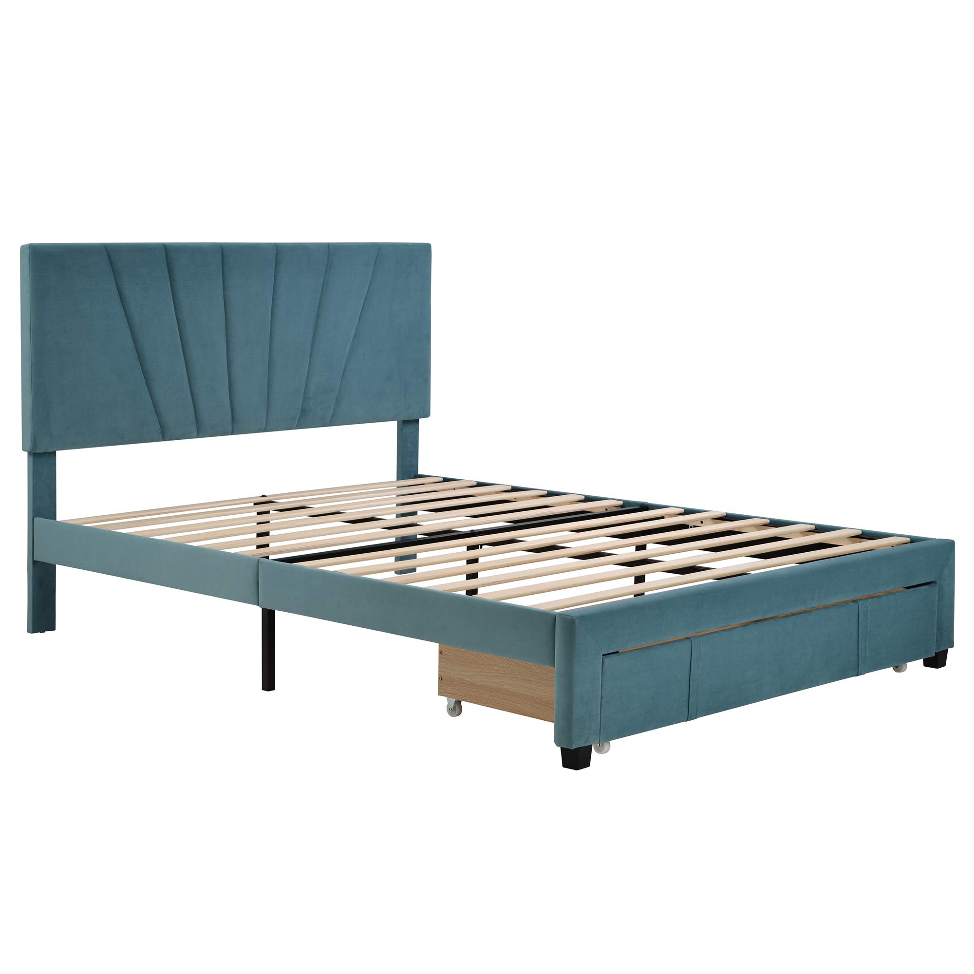 Queen Size Velvet Upholstered Storage Platform Bed with Headboard & Wooden Slats - Easy Assembly, No Box Spring Needed (Blue) | Modern Bedroom Furniture for Small Spaces & Guest Rooms