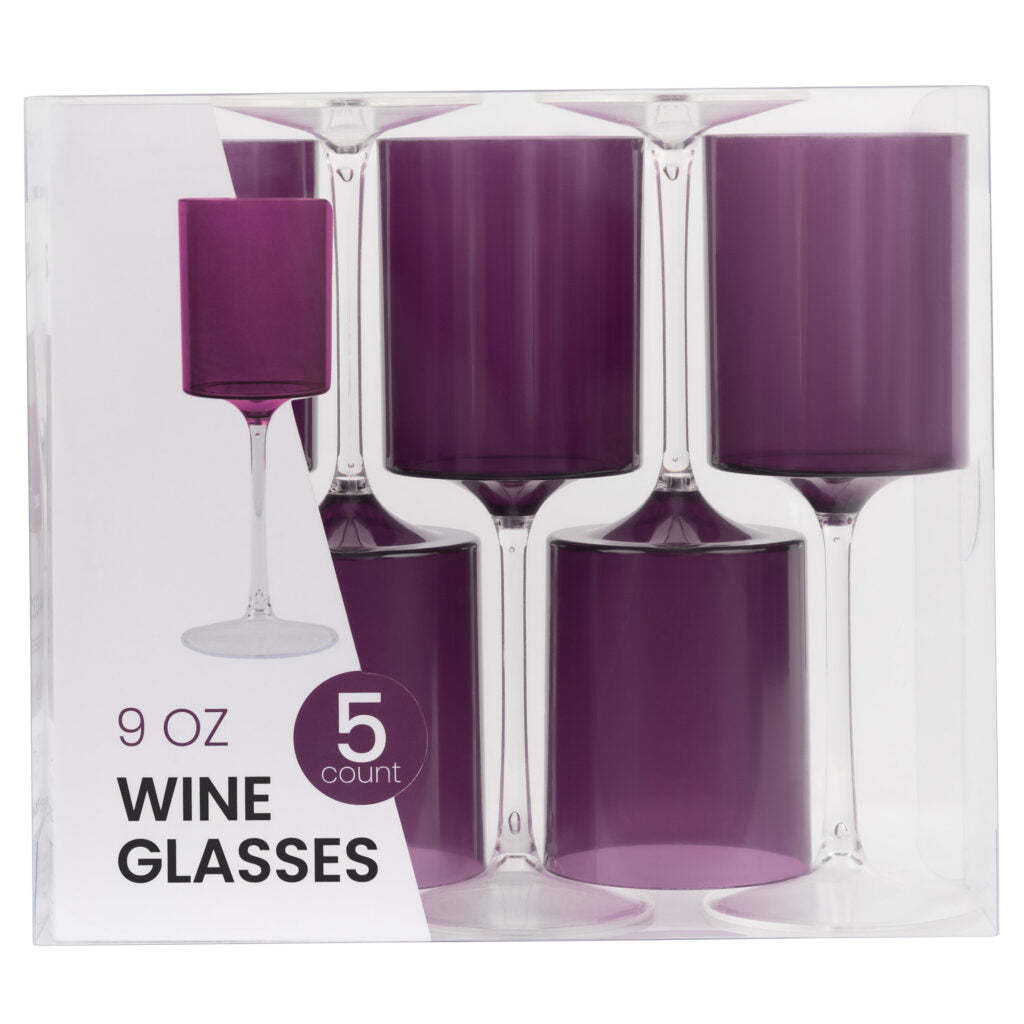 Elegant Two-Tone 9 Oz Purple & Clear Plastic Wine Goblets - Set of 5 Shatterproof Cups for Parties, Weddings & Outdoor Events
