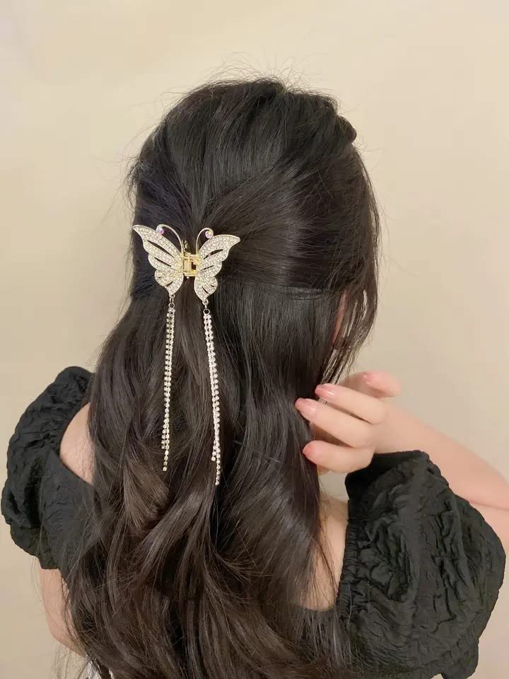 Falkiya Rhinestone Tassel Butterfly Hair Clips - Gold Metal Hair Claws with Pearls for Women & Girls | Small Size Hair Accessories for Parties, Weddings & Everyday Styling
