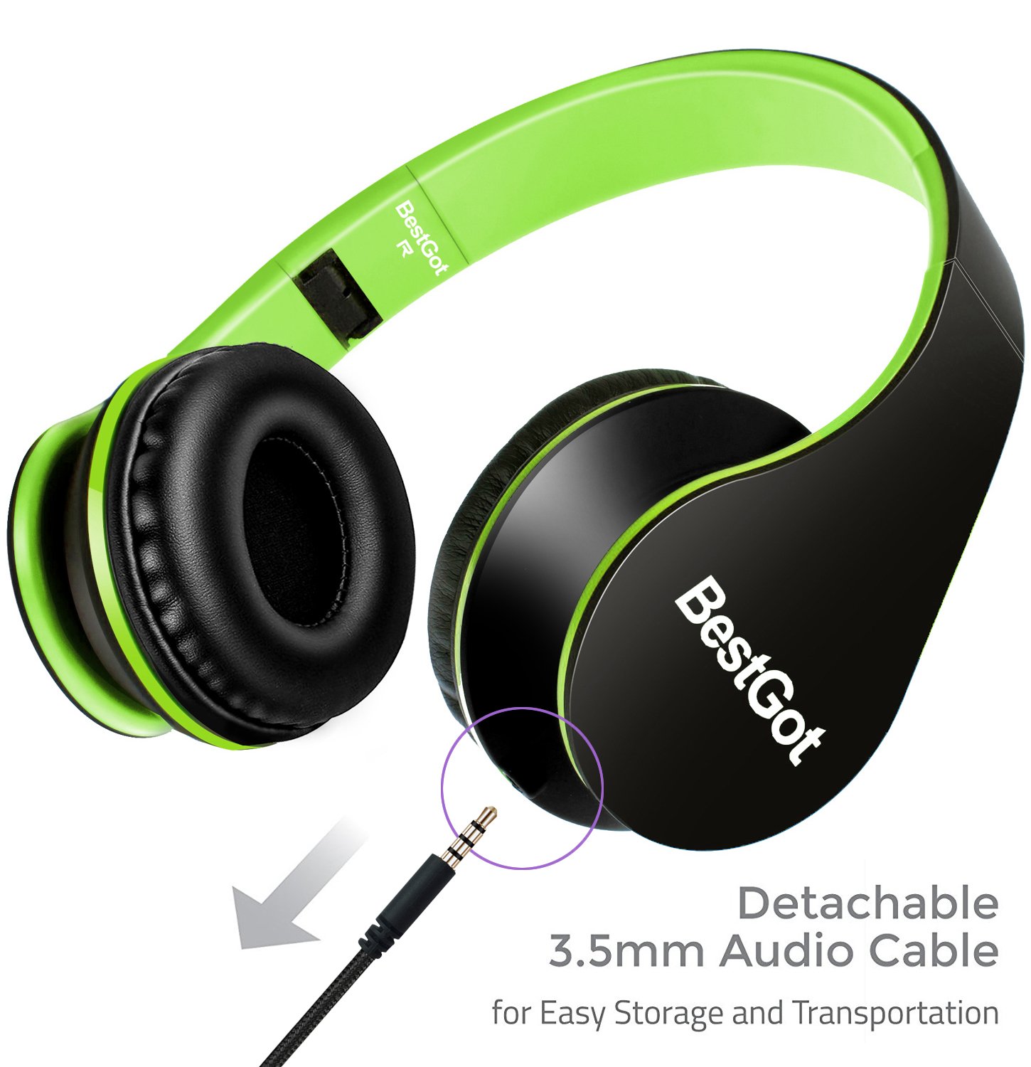 BG6002 Kids Headphones with Microphone - Volume Limited Safe Headset for Children, Foldable Design with 3.5mm Plug & Removable Cord (Black/Green) - Perfect for School, Travel, and Online Learning