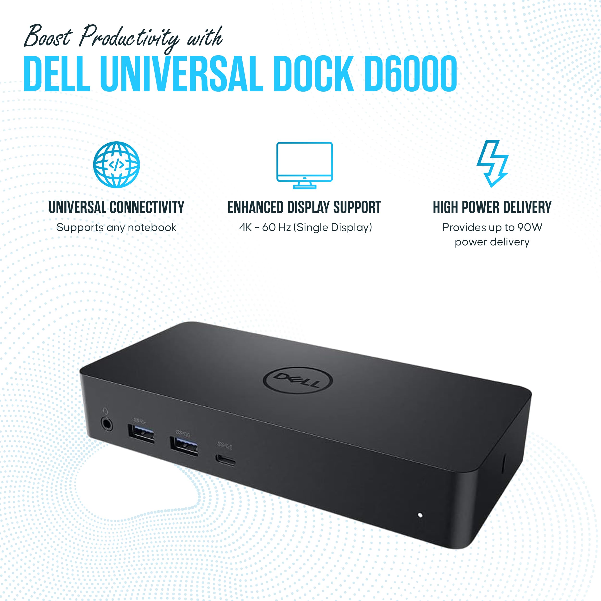 Dell D6000 USB-C & USB 3.0 Universal Docking Station - Dual Monitor Support (HDMI & DisplayPort) - Compatible with Dell Laptops - 1 Year Warranty - Certified Refurbished | Perfect for Home Office & Remote Work Setup