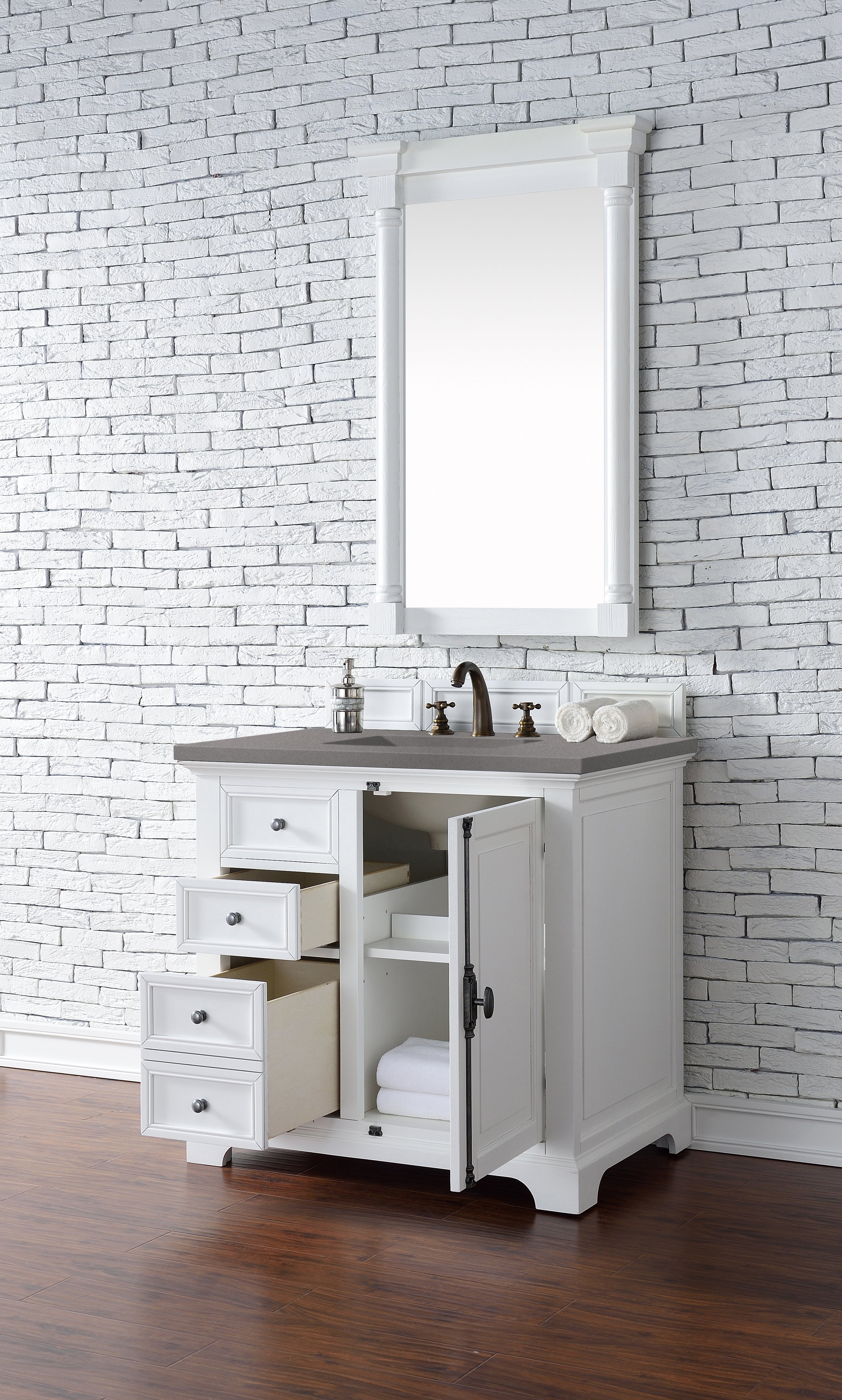 Providence 36 Inch Single Bathroom Vanity Set with 3CM Gray Expo Quartz Countertop - Bright White Finish for Modern Bathroom Remodel | Perfect for Small Spaces & Guest Bathrooms